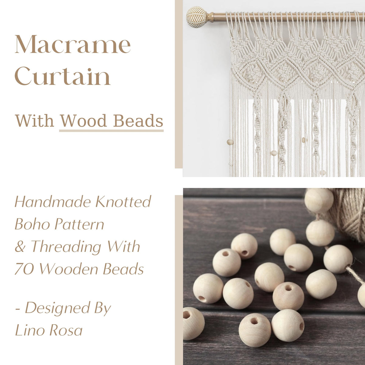 Lino Rosa Beaded Curtain for Doorway, Boho Beads Closet Curtain for Open Closet, Hanging Room Divider for Room Separation, 36" W x 80" L, Cream