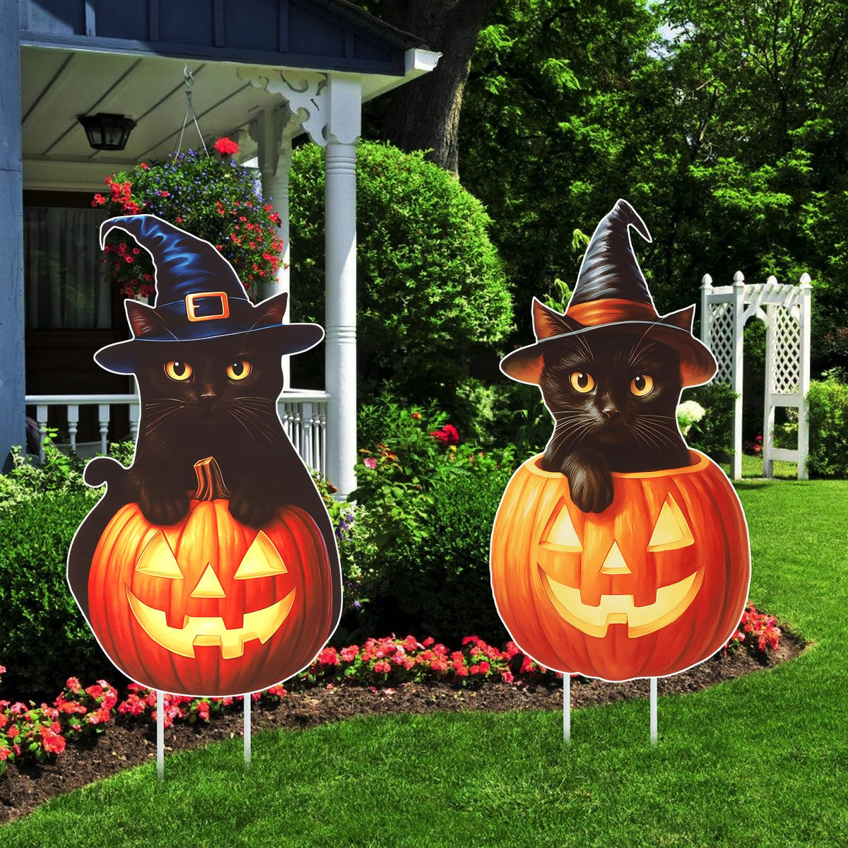 Large Outdoor Halloween Yard Signs, 2 PCS 31 inch Pumpkin Black Cat Halloween Yard Stakes Kids Friendly for Lawn Garden Home Decor Outside Party Supplies