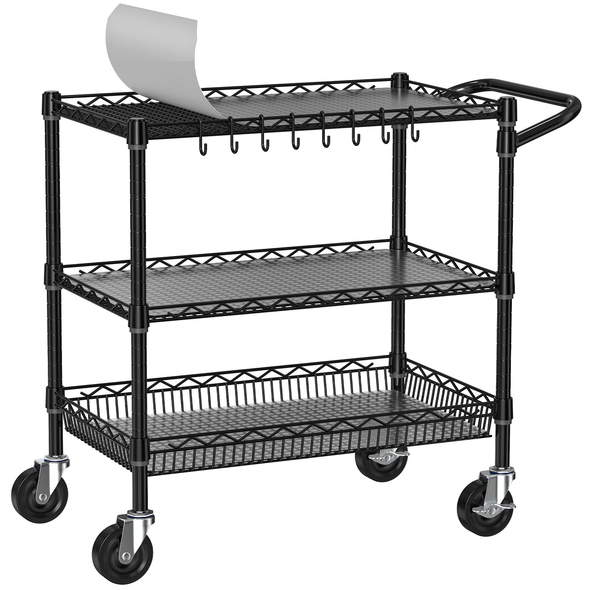 Folews Heavy Duty Rolling Cart with Wheels, 3 Tier Commercial Grade Utility Cart, Metal Storage Organizer Trolley with Handle Bar & Shelf Liner for Pantry, Laundry Room & Household Supplies, Black