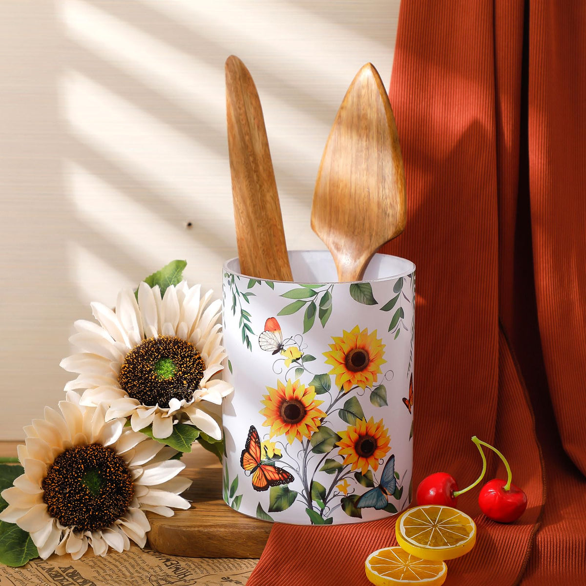Yoande Kitchen Decorations Utensil Holder Acrylic Utensil Crock Spoon Kitchen Organizer for Countertop Coffee Spoon Holder Jar for Cooking Tools(Sunflower)