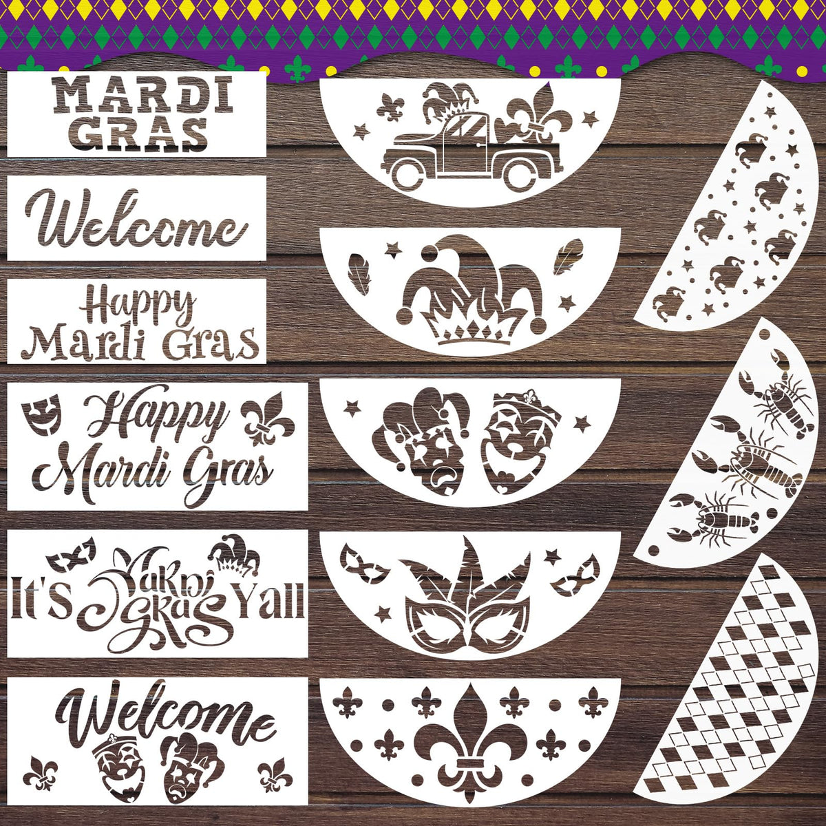 Cinrobiye 14 Pcs Mardi Gras Stencils for Door Mats Crafts Large Reusable New Orleans Welcome Templates for Painting on Wood Sign Wall Doormat Banner Bag Fabrics DIY Project Supplies