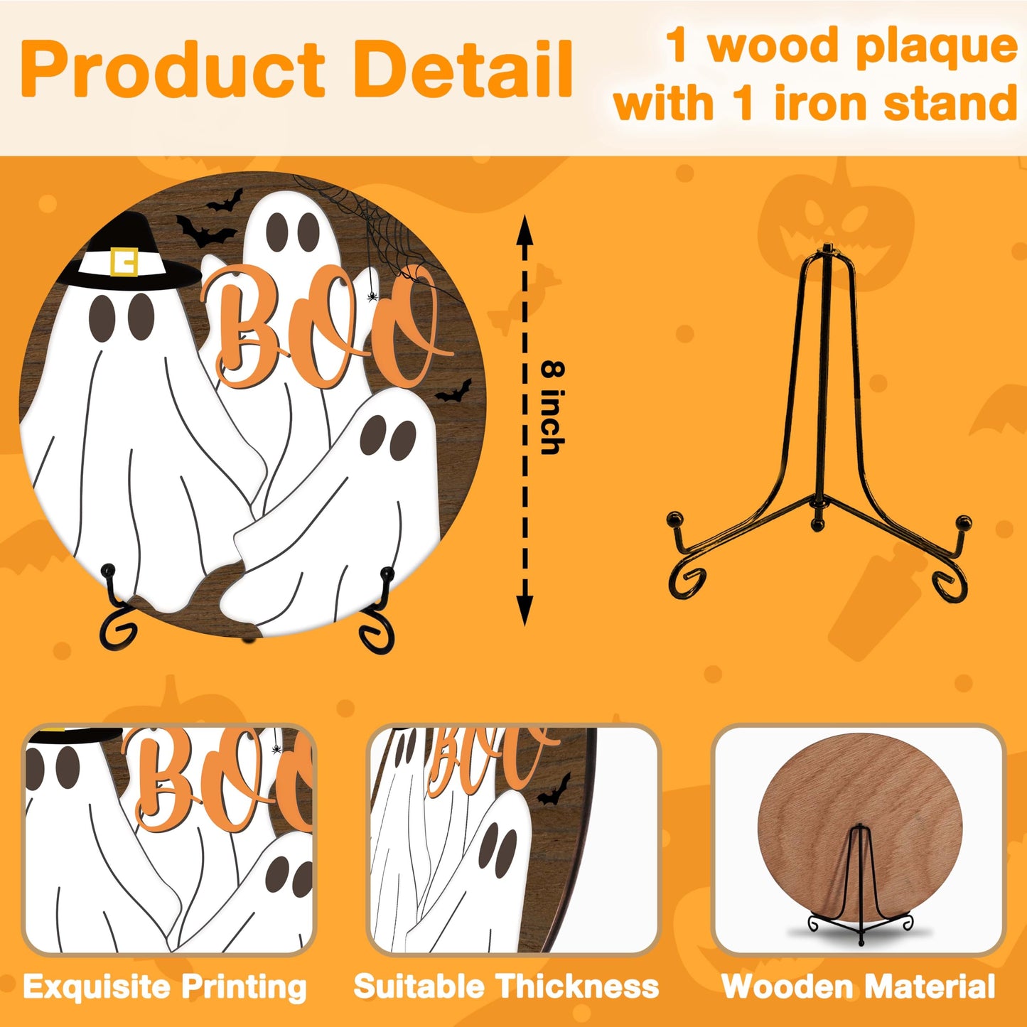 Seclate Halloween Desk Decorations for Home, Ghost Wooden Table Centerpieces 8x8 Inches with Iron Stand for Office Living Room Shelf Decor, Boo Gifts for Women Friends - E08