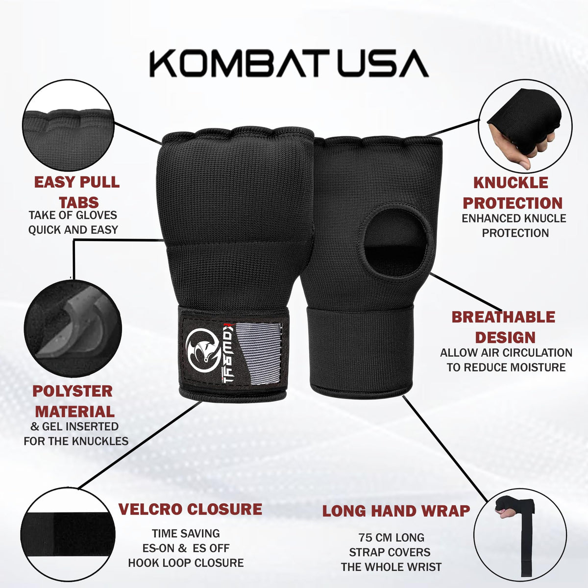 Kombat Gel Boxing Hand Wraps Inner Gloves for Men and Women, 75cm Quick Wrist Wraps Guard, Muay Thai MMA Kickboxing Martial Arts Punching Training Bandages, Hand Wraps for Boxing (Black, Medium)