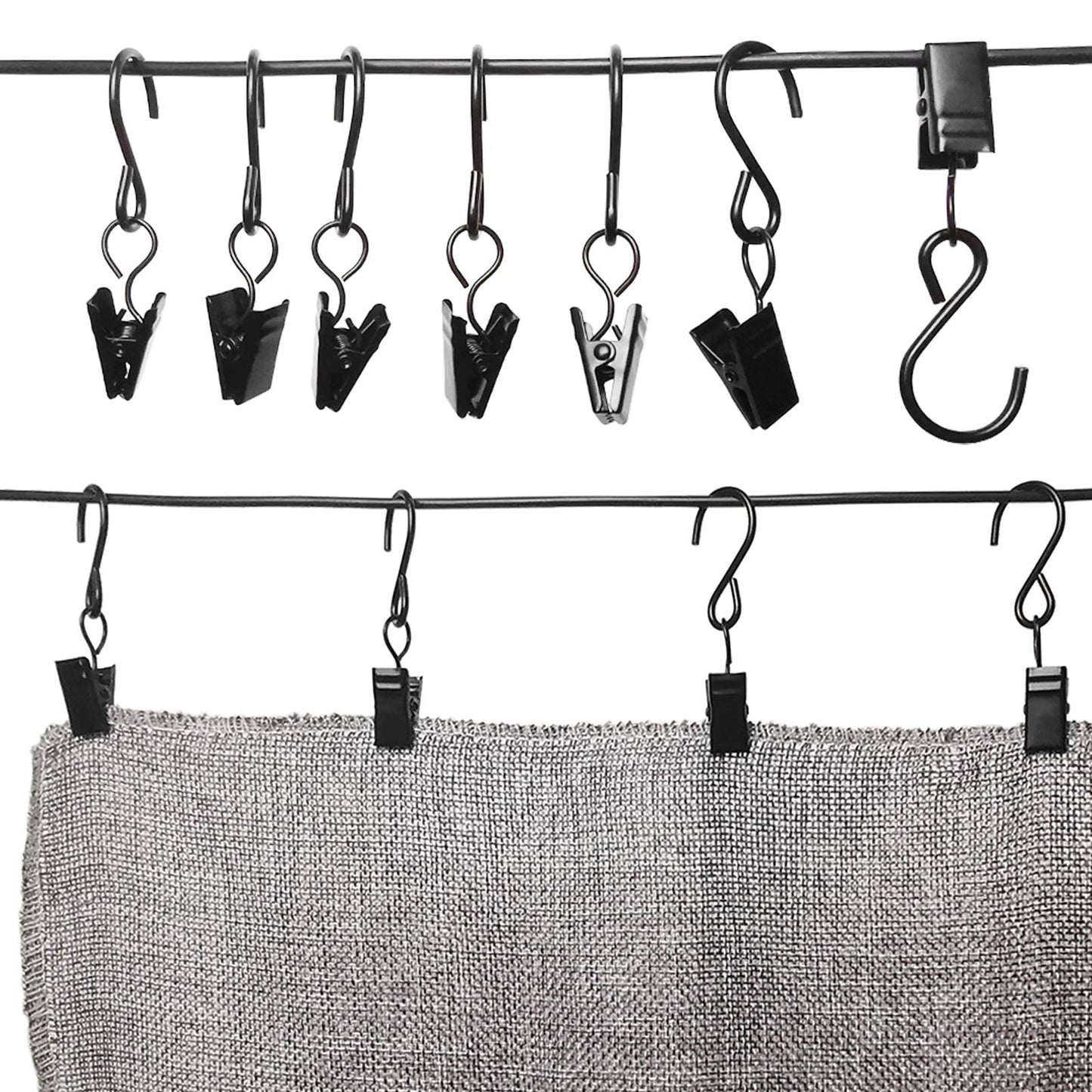AMZSEVEN Stainless Steel S Hooks Curtain Clips, 50 Pack Hanging Party Lights Clips Hangers Gutter Photo, Art Craft Display, 2.4 Inch Long, Black
