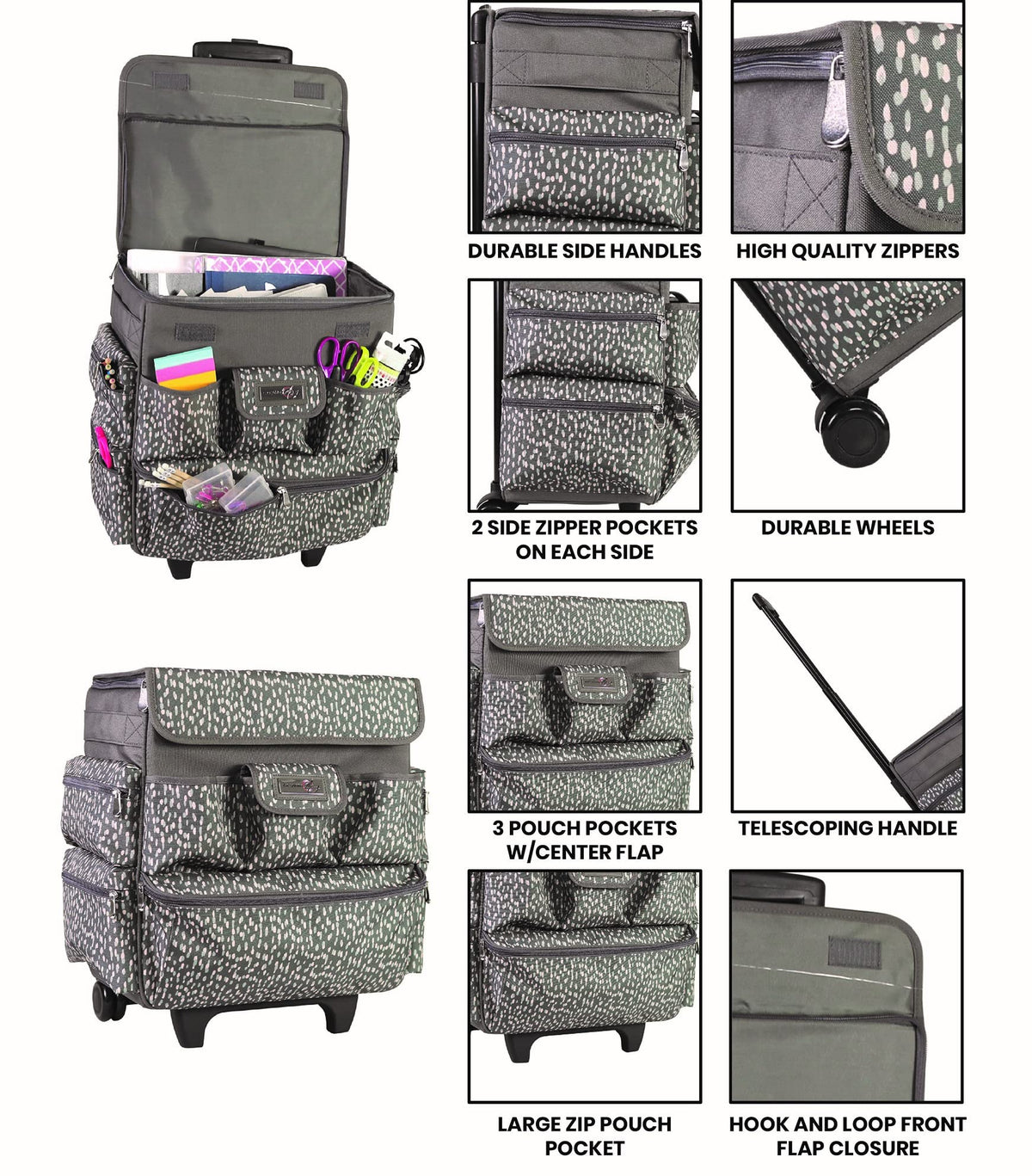 Everything Mary Teacher Rolling Tote – Grey & White Wheeled Bag for Classroom Supplies – Portable Organizer Cart for Teaching Materials, Crafts & Office Essentials