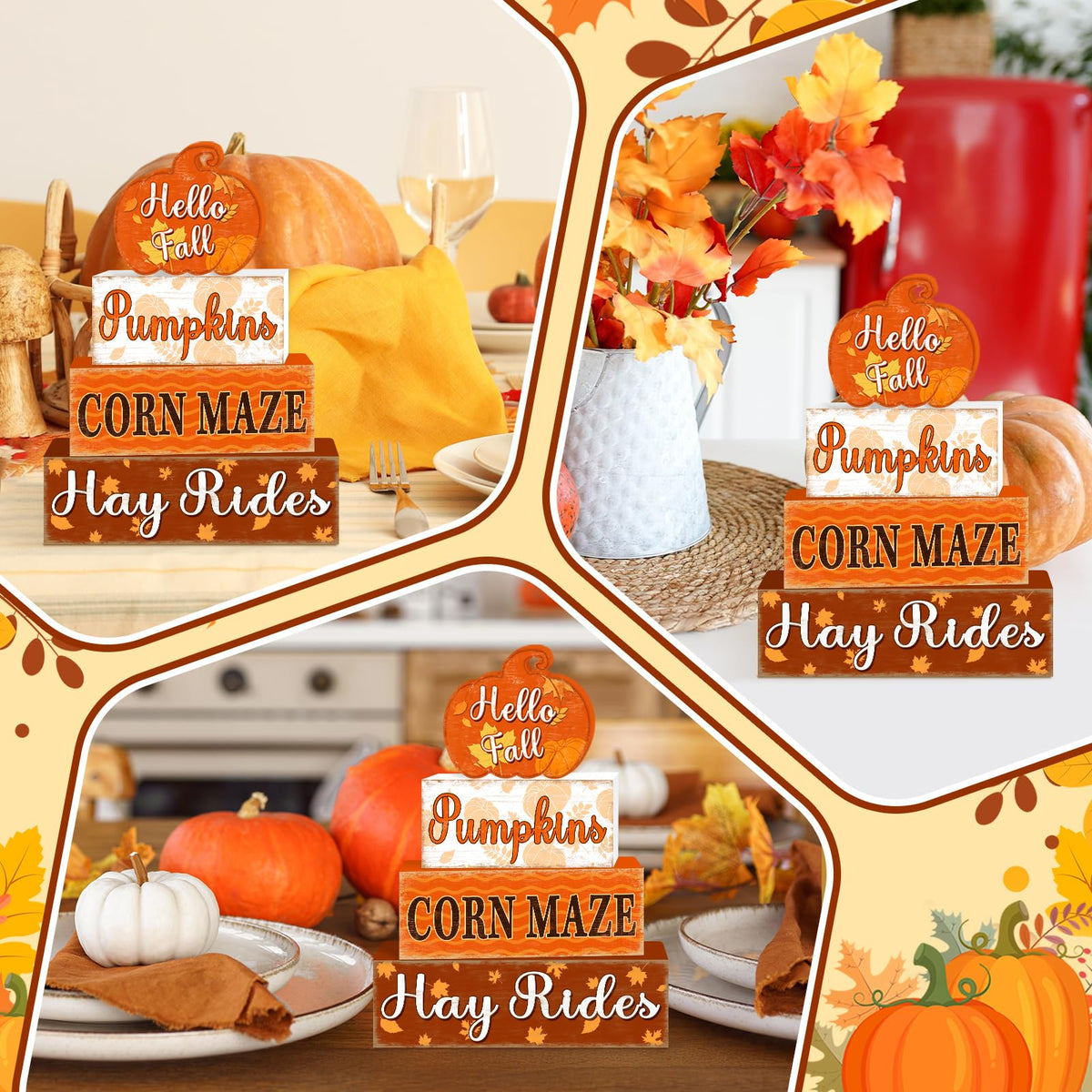 4 Pcs Fall Decorations for Home Thanksgiving Pumpkin Tiered Tray Decor, Fall Table Decor Farmhouse Rustic Wooden Pumpkin Block Sign Autumn Harvest Tabletop Centerpieces for Home Kitchen Indoor