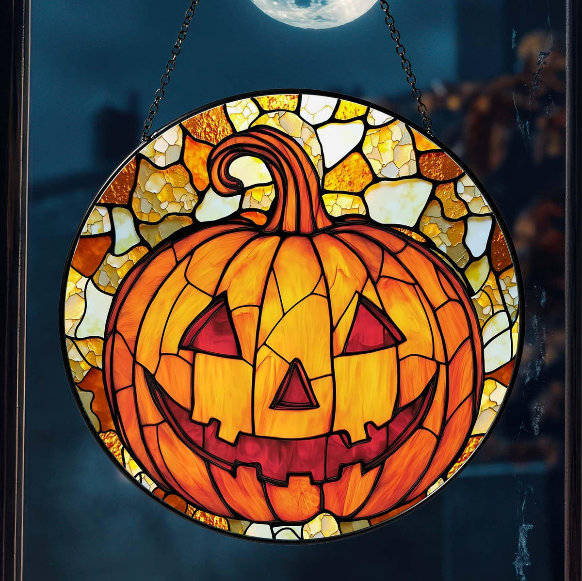 RVEAFA Pumpkin Stained Glass Window Hanging Horror Sun Catcher Decor Halloween Suncatchers for Garden Home Windows Hanging Decoration, 7.87inch