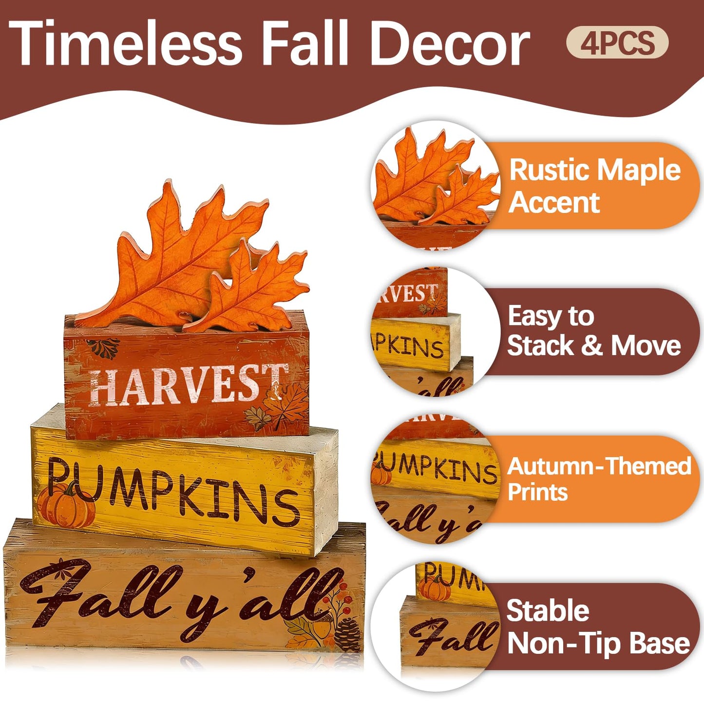 4 Pcs Fall Thanksgiving Tiered Tray Decor Wooden Harvest Pumpkin Signs Fall Yall Rustic Farmhouse Table Decoration Centerpieces Harvest Wooden Blocks for Home Kitchen Living Room Indoor Tabletop Decor