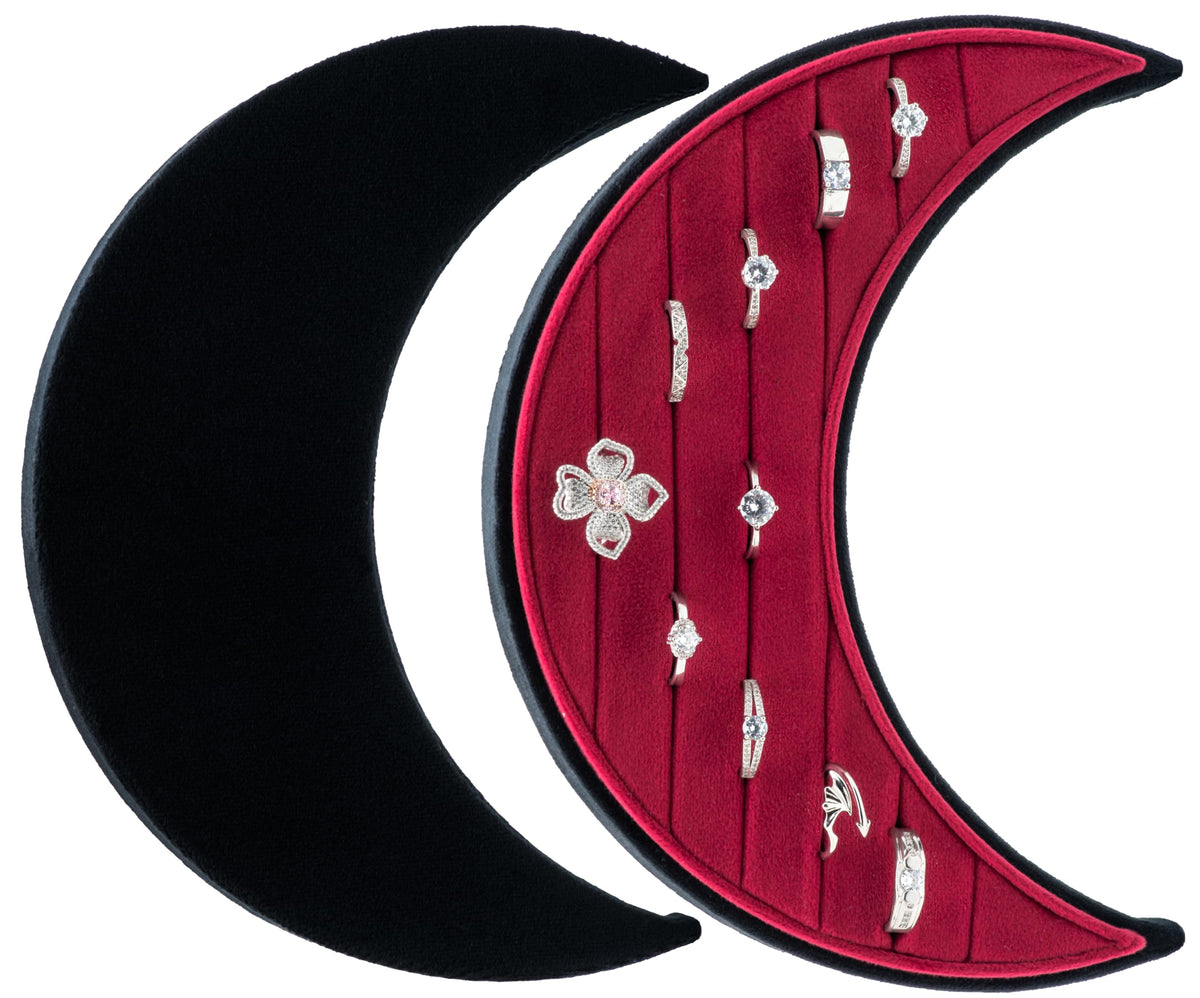 COWFEX Velvet Multiple Ring Box Organizer Display Tray Crescent Moon Shape Jewelry Box Earring Holder Case for Wedding Birthday Christmas Day (Black and Red)