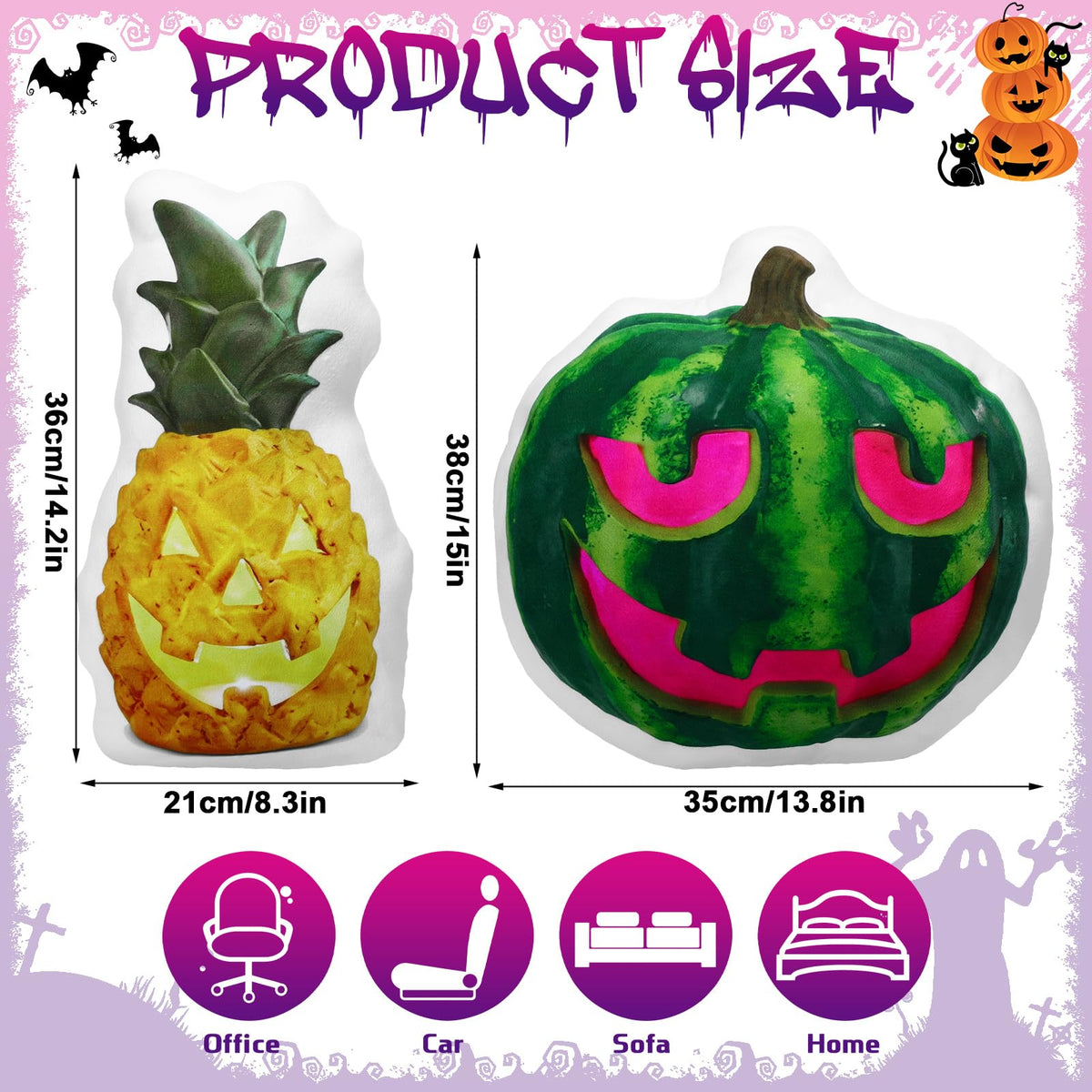 Cinnvoice 2 Pcs Summer Halloween Watermelon Pineapple Jack-o-Lantern Throw Pillows 15.7 Inch Halloween Spooky Summer Decoration for Home, Sofa, Bed, Car, Couch Holiday Decor