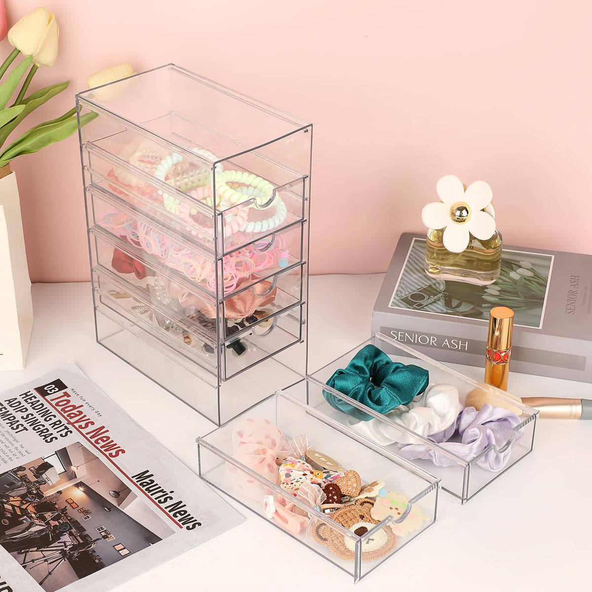 Hipiwe Plastic Drawer Organizer Clear Desktop Drawers Box with 6 Pull Out Drawer Compact Storage Box for Cabinet Vanity Bathroom Bedroom Pantry Shelf Office Closet Organization