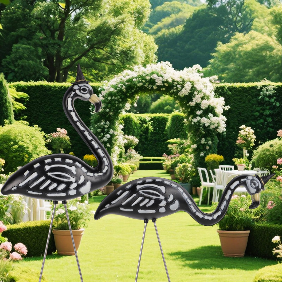 Goktvai 2pcs Halloween Skeleton Flamingos Garden Decor, Realistic Black Zombie Flamingo Figurines with Stakes for Outdoor Lawn Yard Halloween Animal Statue Ornament Window Display