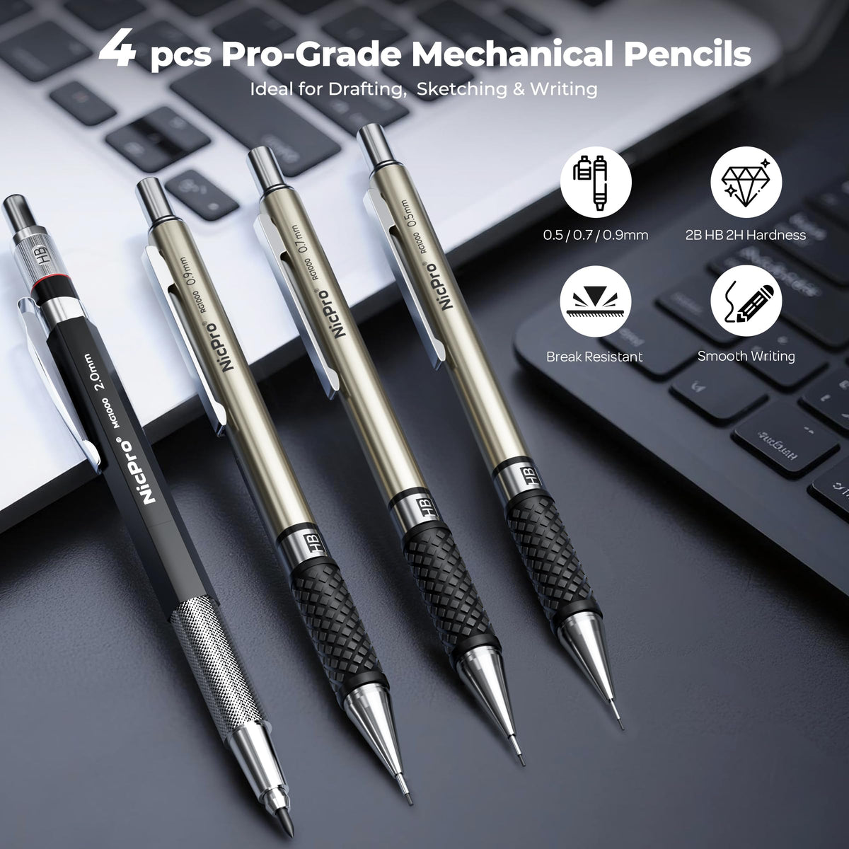 Nicpro 16PCS Drafting Tools with 12‘’ Aluminum Architectural Scale Ruler, Mechanical Pencils 0.5, 0.7, 0.9 & 2mm, Lead Refills, 2 Pack Graph Paper, Geometry Drawing Kit for Engineers Students Design