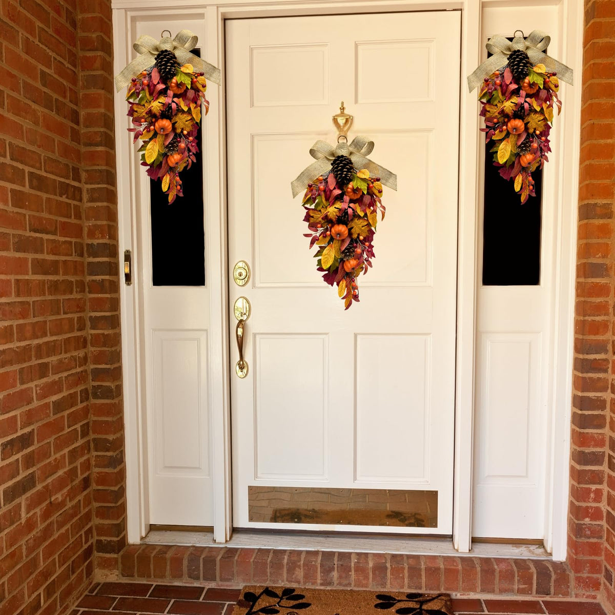 Svndlyn Harvest Teardrop Swag Autumn Floral Swag Wreath with Pumpkin Pine Cones Berries Maple Leaves and Burlap Bow Fall Teardrop Wreath for Home Door Wall Mantel Window Decor