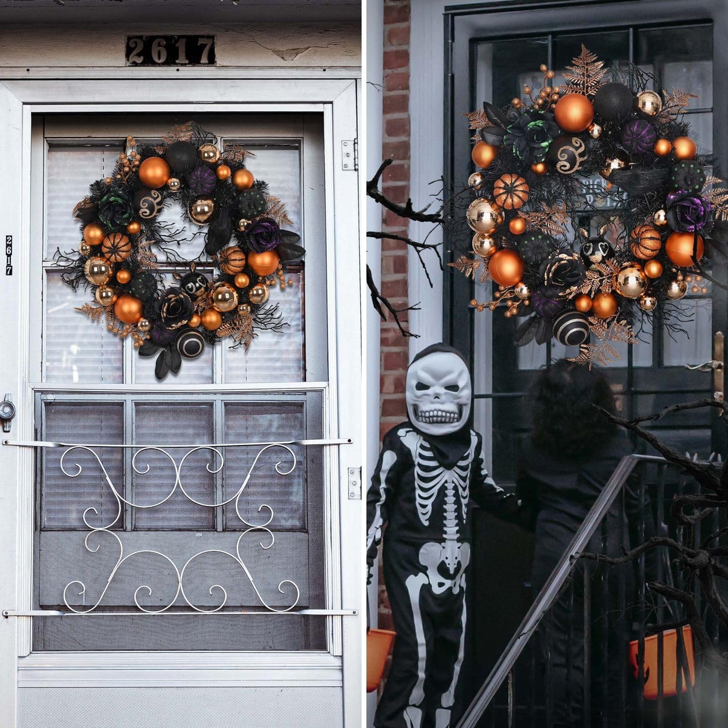 Valery Madelyn 24 Inch Halloween Wreath with Lights for Front Door, Collapsible Pre-Lit Wreath with Fake Crow Pumpkin Halloween Decorations for Home Wall Decor