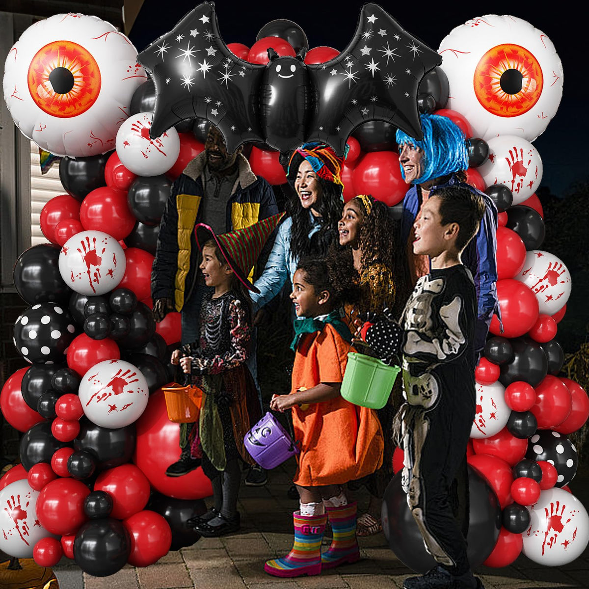 Halloween Balloons Garland Arch Kit, 94pcs Red Black White Polka Dot Balloons, Bloody Hand Print Balloon Eyeball Bat Mylar Balloon for Scream Creepy Gothic Halloween Horror Birthday Party Decorations