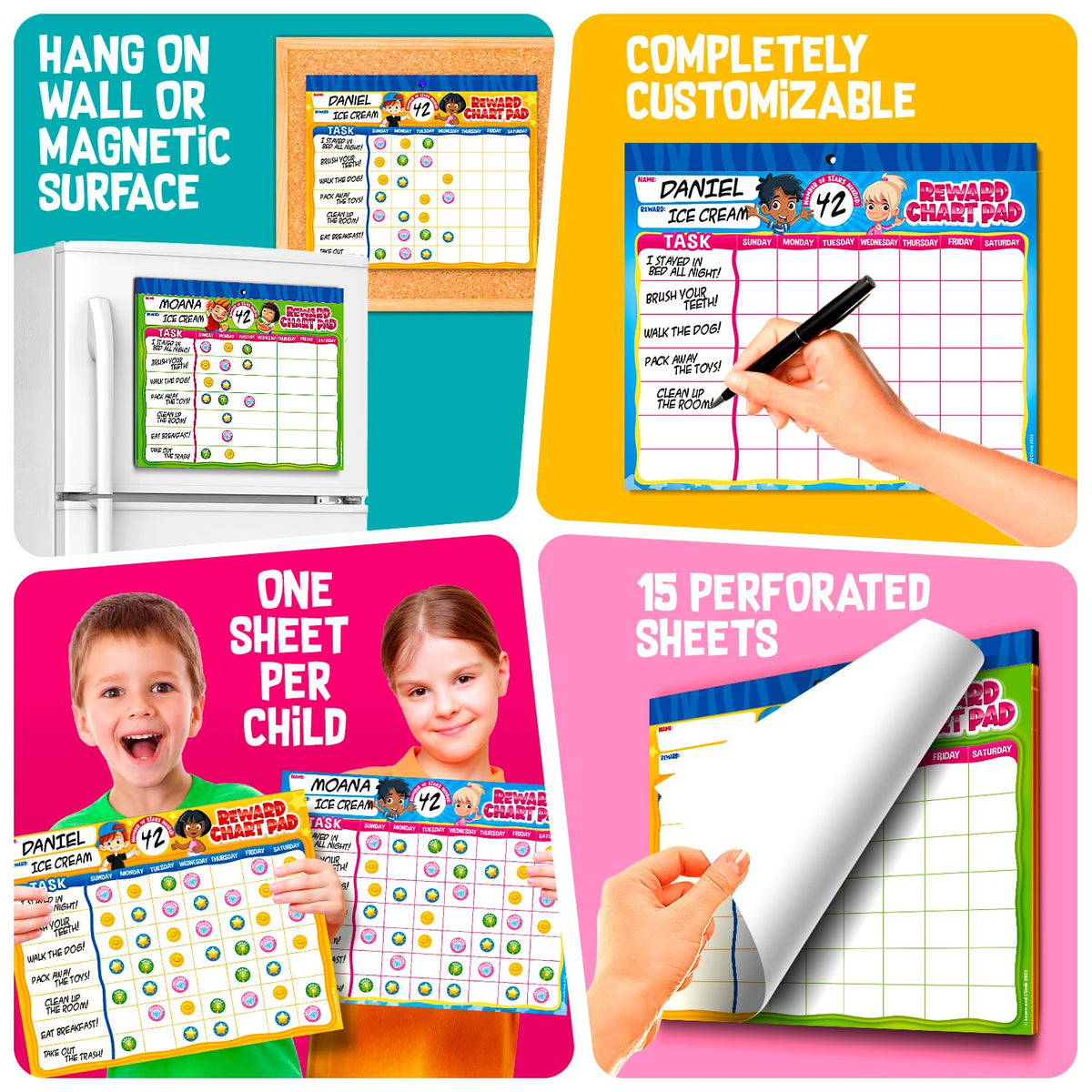 Behavior Reward System - Pad with 15 Chore Charts for Kids, 850 Stickers to Motivate Responsibility & Good Habits