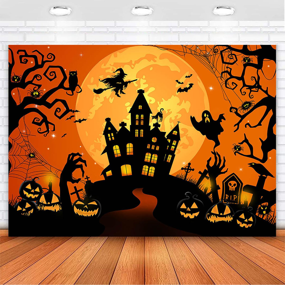 Avezano Halloween Backdrop - Horror Moon Night Backdrop for Parties - Haunted Castle, Scary Pumpkin Lantern, Witch, Full Moon - Photography Background, Orange, 10x7ft