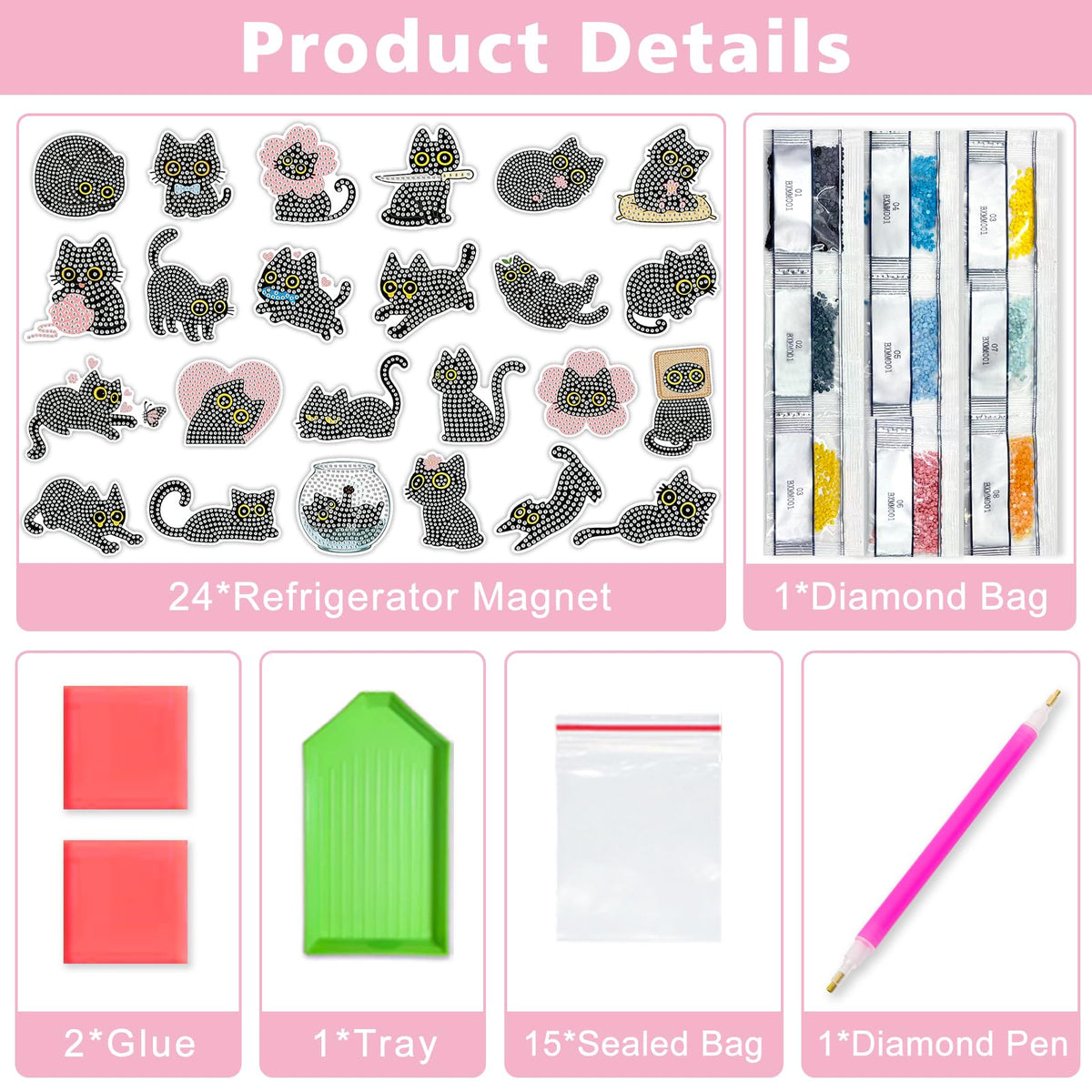 24 Pcs Diamond Art Kits for Kids Teens Adults, Fridge Magnets Diamond Painting Kits Cat Dimond Art Paintings Gem Art Refrigerator Magnets Arts and Crafts for Kids DIY Crafts Gifts Home Decors