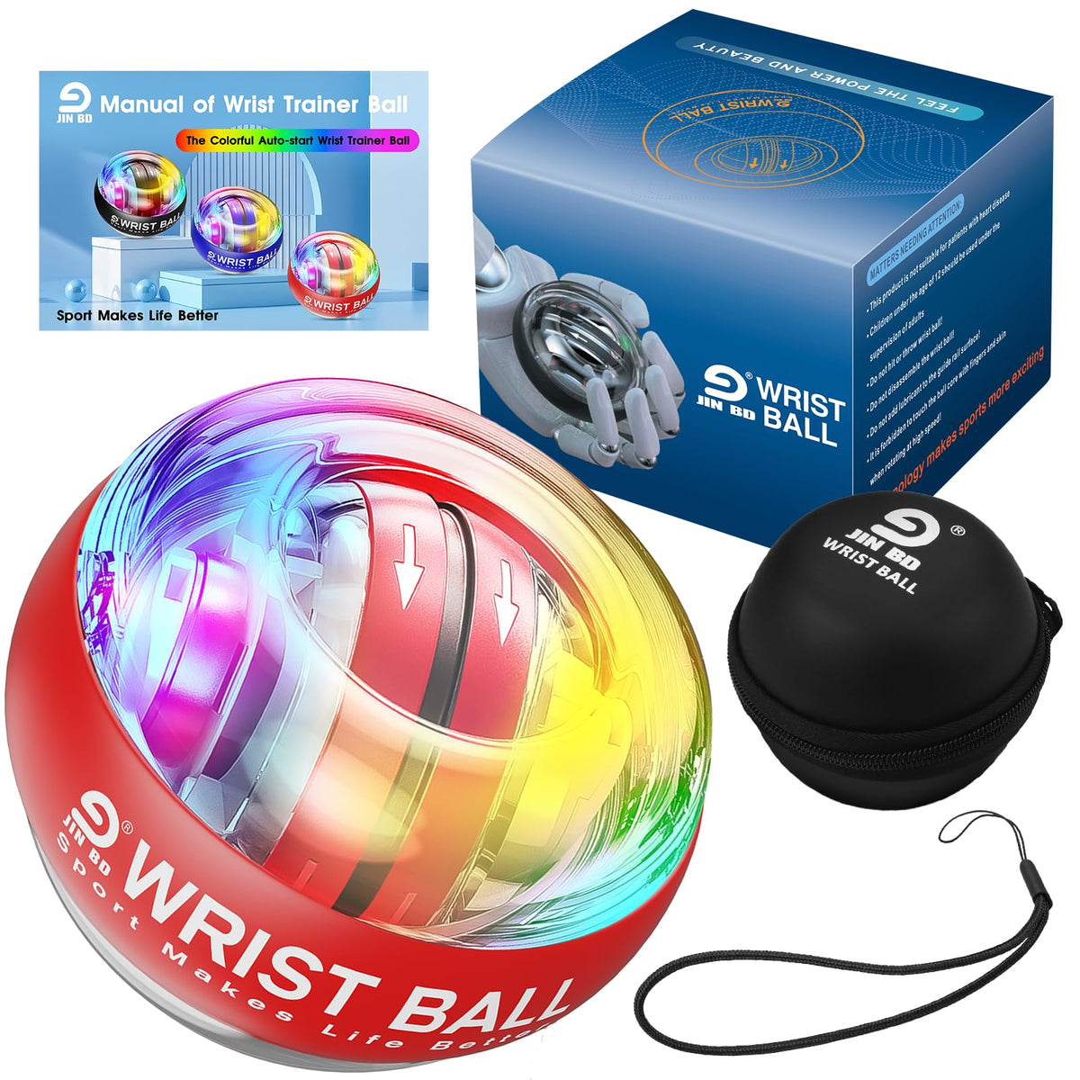 JIN BD Auto-Start Gyro Ball Wrist Trainer, Gyroscopic Forearm Exerciser for Strengthening Arms, Fingers and Muscles (Light Red Transparent with Colorful Lights)