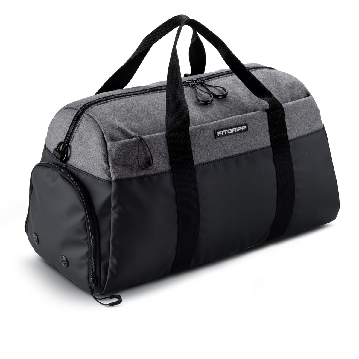 Fitgriff® Gym Bag V2 for Men and Women with Shoe & Wet Compartment - Duffle Bag for Travel, Sports, Fitness and Workout (Black/Grey, 19 x 10 x 11″ (Small))