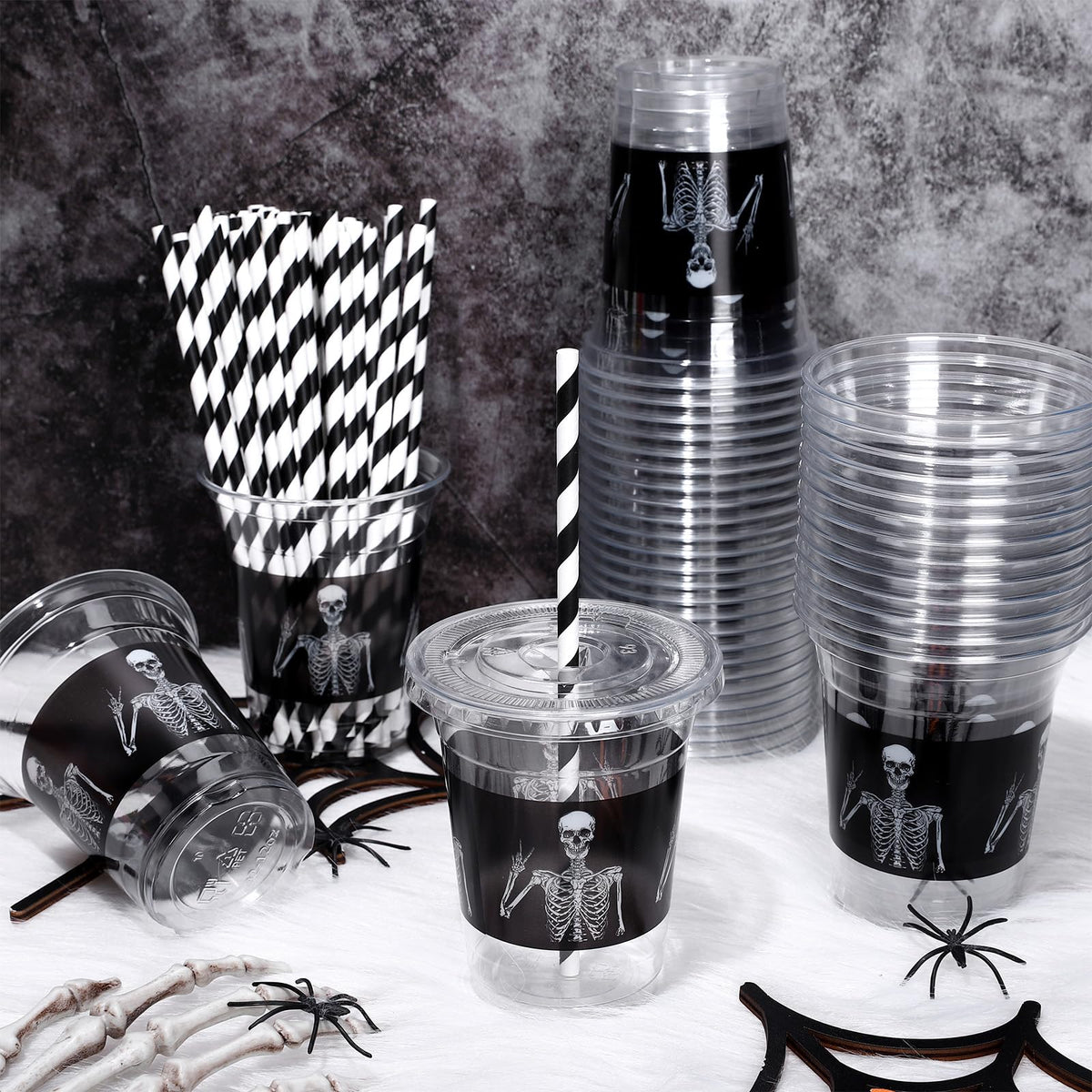 JarThenaAMCS 50Pcs Halloween Disposable Plastic Cups with Lids and Straws 12oz Funny Skeleton Cold Beverage Drinking Cups for Birthday Goth Party Supplies