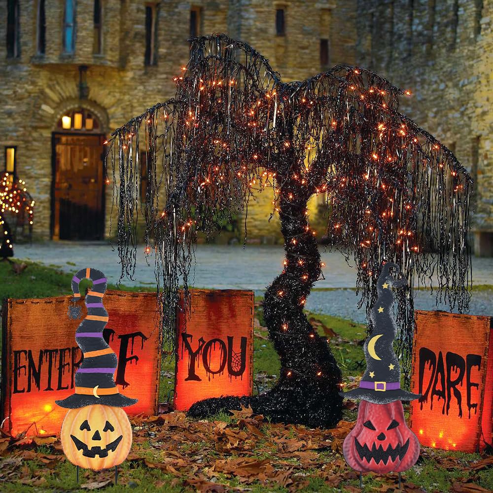 YEAHOME Halloween Decorations Outdoor, 2 Pack Metal Pumpkin Garden Stakes with Witch Hats for Halloween Decor, Jack o' Lantern Pumpkin Yard Signs for Outside Garden Lawn Patio Party Decorations