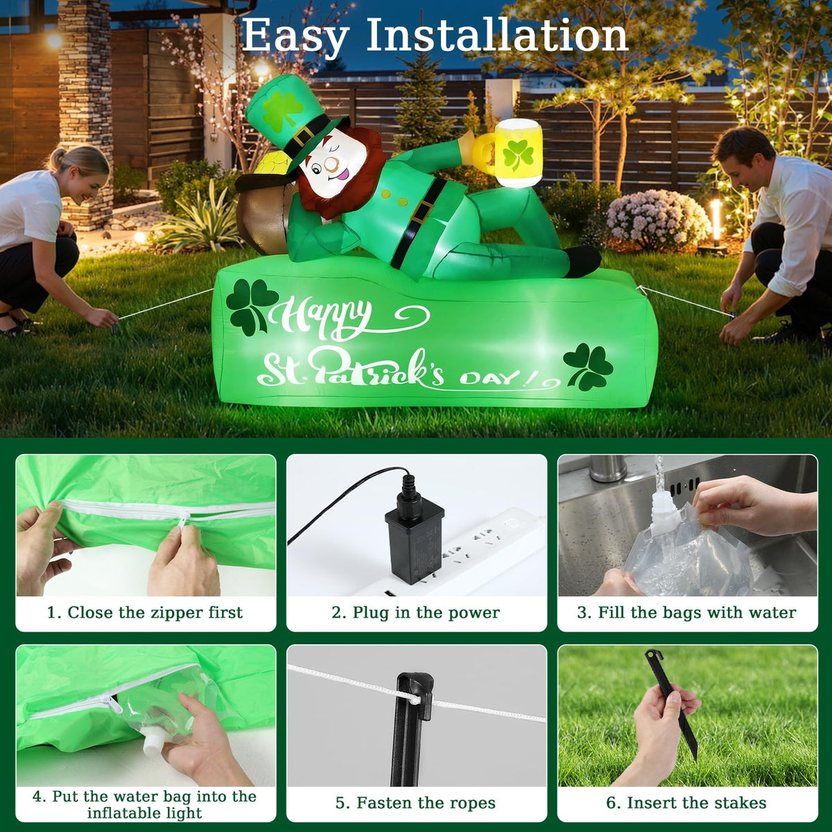 Lewondr 5.9FT St Patricks Day Inflatable Outdoor Decorations, Inflatable Leprechaun Lay on The Bed with Shamrocks, Blow up Yard Decoration with 6 Build-in Lights for Holiday Party Yard Lawn Garden