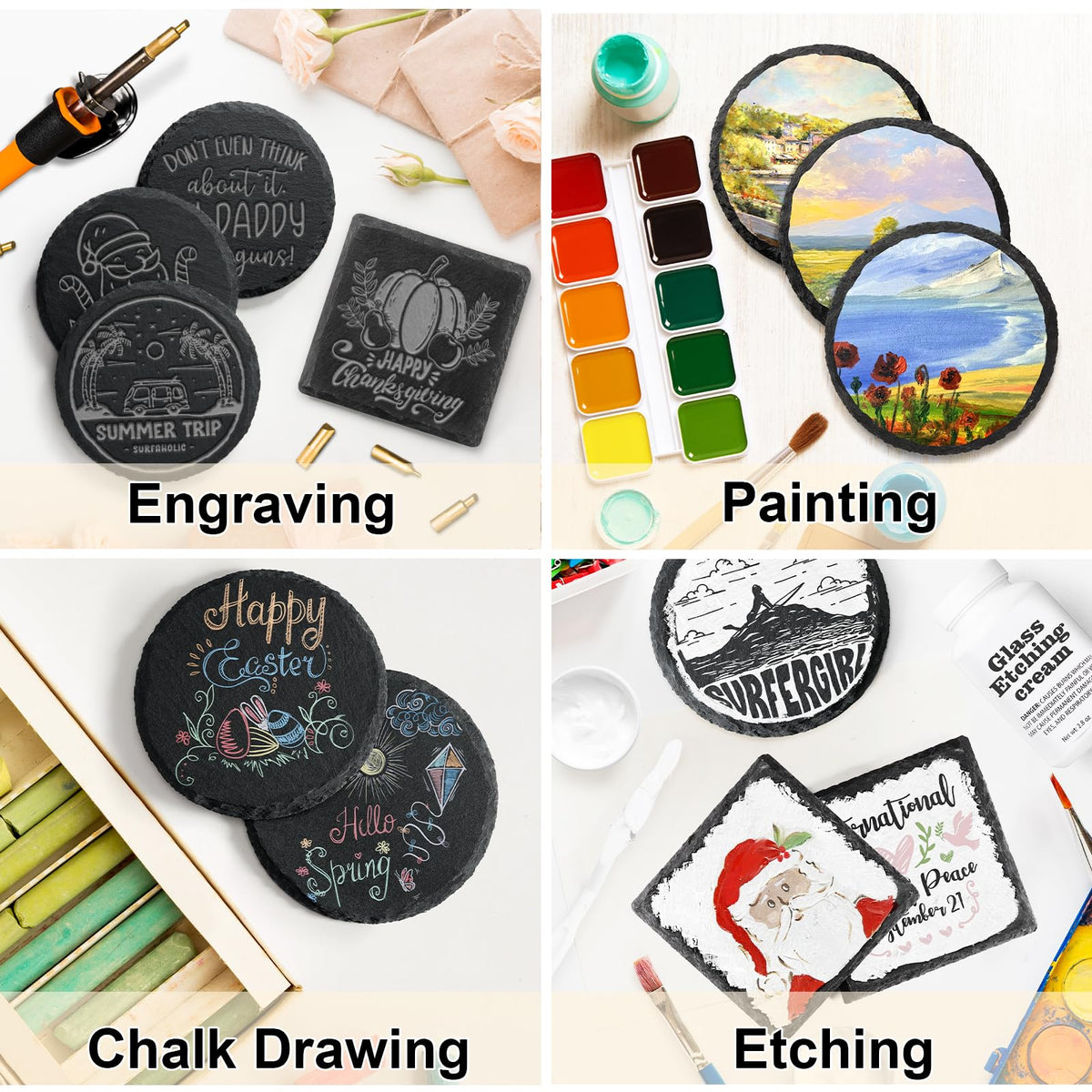48 PCS Slate Coasters Bulk, MAPRIAL Laser Engraving Blanks Material for Engraver, 4 Inch 24 PCS Natural Square, 24 PCS Round Black Stone Coasters for Drinks, Gifts, Wedding Party, Decor, Christmas