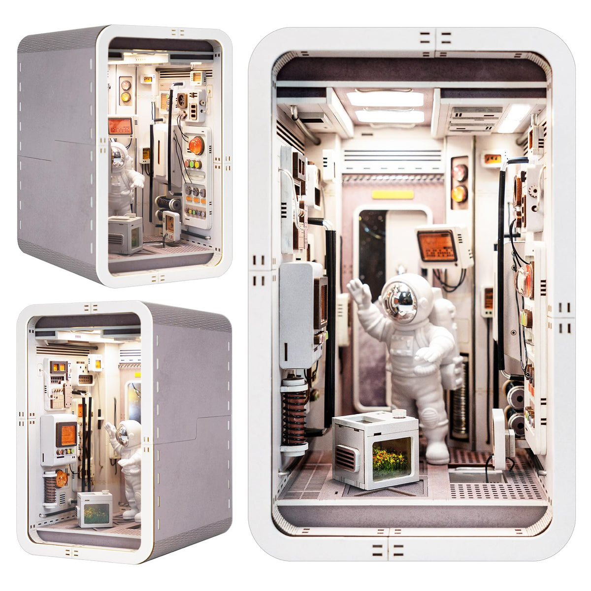 Joohour DIY Book Nook Kit, Dollhouse Miniature, Booknook Bookshelf Insert Decor Alley 3D Wooden Puzzle, Bookends Model Building Kit with LED Light, Gift for Teens and Adults, Space Capsule