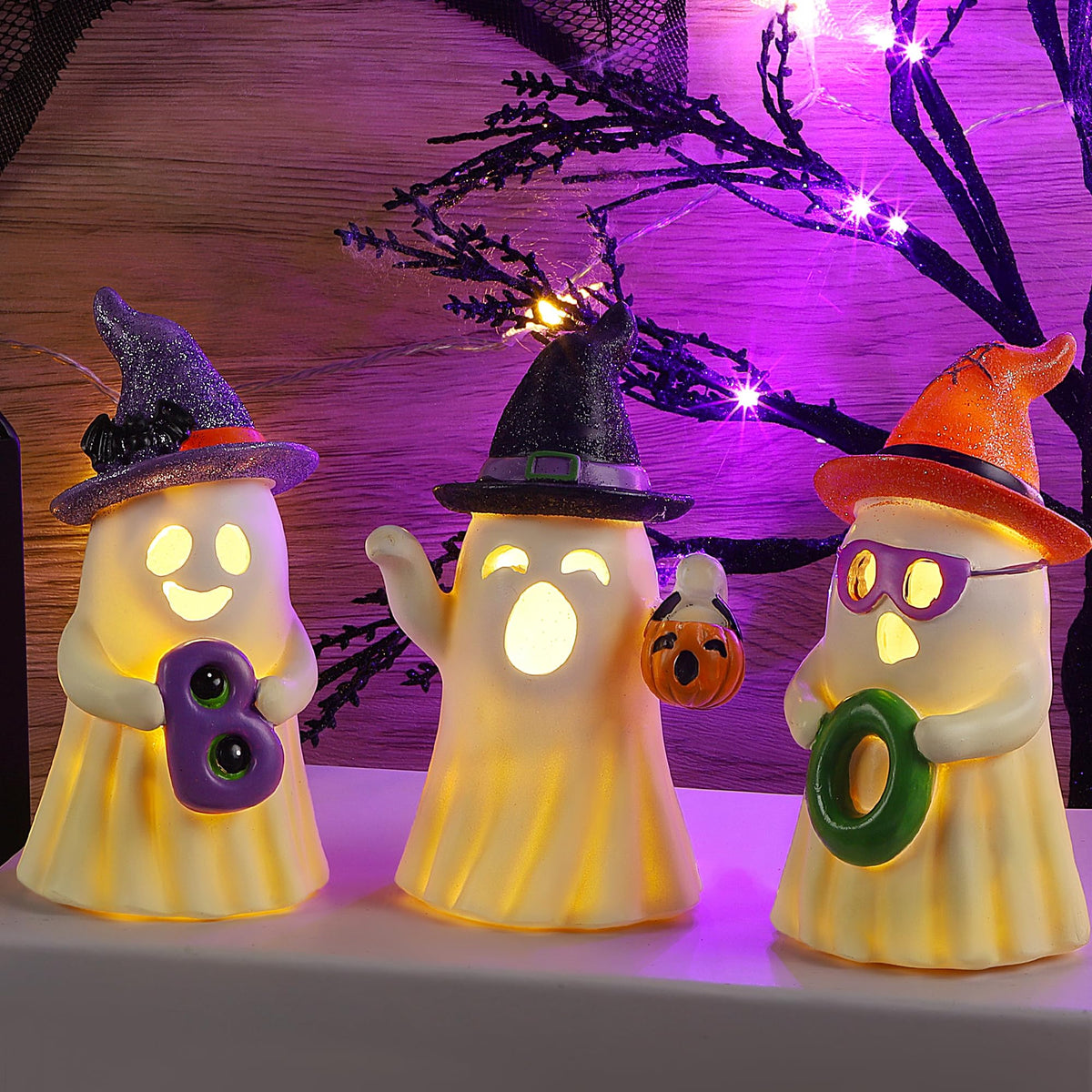 Lulu Home 3 Packs Halloween Tabletop Ornaments, 5.5" H Light Up Resin Ghosts Wearing Glittered Witch Hats, Boo Ghost Figurines for Indoor Fireplace Kitchen Shelf Holiday Decorations