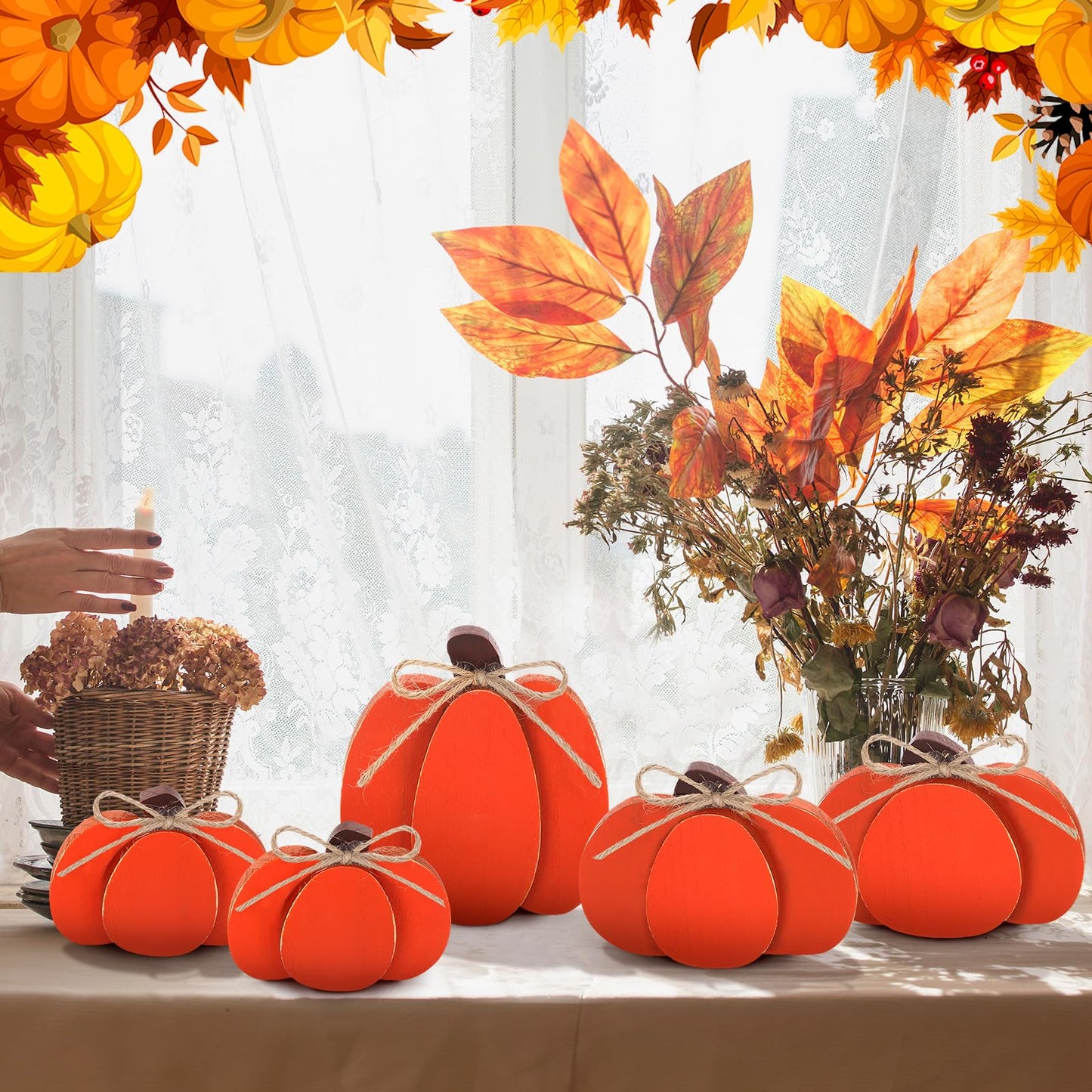 Thyle 5 Pcs Autumn Pumpkin Decor Fall Wooden Signs Autumn 3D Pumpkin Decor Fall Tabletop Decorations Rustic Farmhouse Tiered Tray Decorations for Home Block Sign Halloween Table Centerpieces