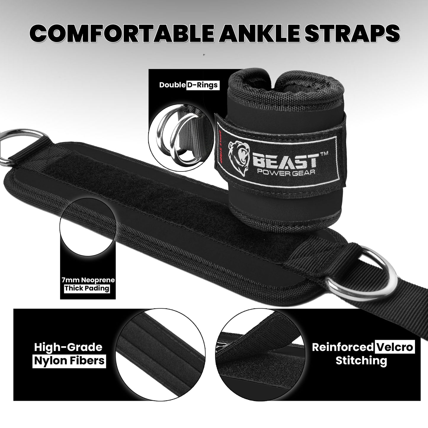 Beastpowergear Padded Ankle Strap for Cable Machine, Kickbacks, Glutes, Abs and Hip Workouts, Leg Extensions Adjustable Ankle Strap for Men Women (Black Pair)