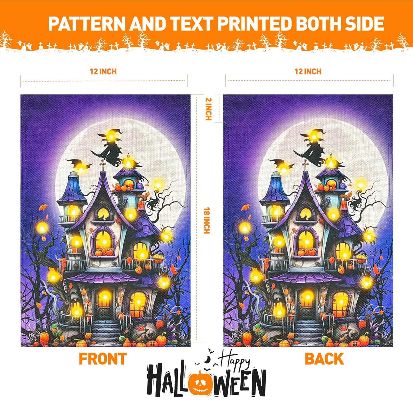Vigor Home Solar Lighted Halloween Garden Flag Double Sided 12×18 Inch, 8 Modes Led Small Vertical Haunted House Pumpkin Witch Full Moon Yard Flags for Outside Front Porch Lawn Outdoor Decor