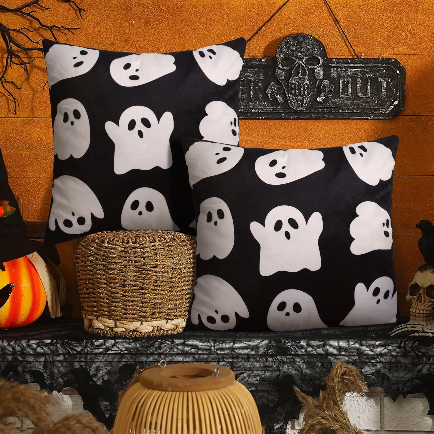 JASEN Halloween Ghost Pillow Covers 18x18 Inch Soft Faux Fur Decorative Pillowcases for Sofa Couch Bed Living Room Home Decor Set of 2