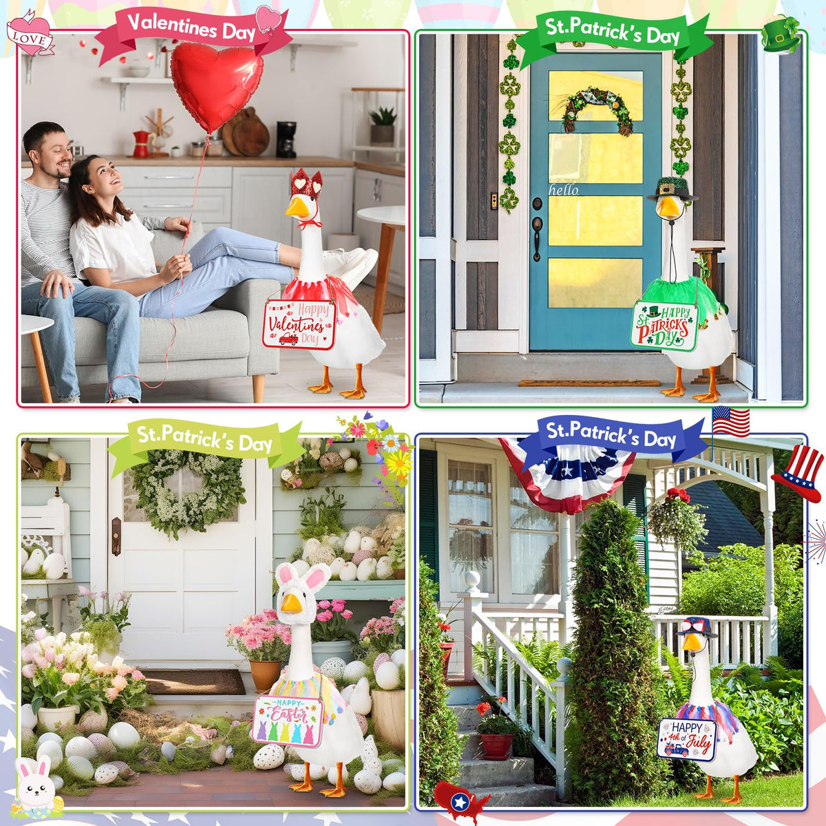 Silicherry 7 Set Holiday Porch Goose Outfits with Festival Wooden Sign 4th of July Halloween Christmas 23" Lawn Goose Clothing Hat and Tutu Collar for Lawn Patio Yard Decor