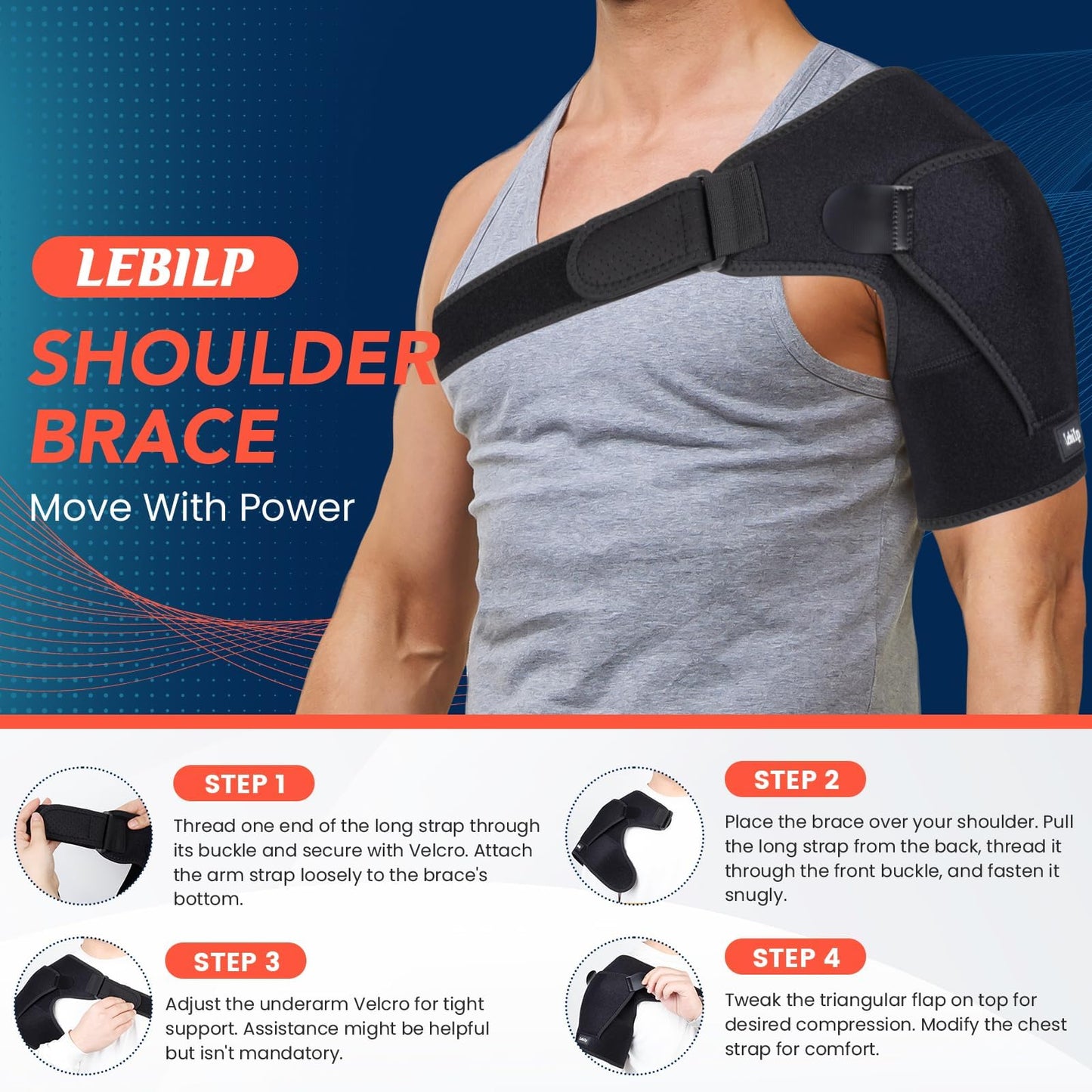 Lebilp Shoulder Brace with Adjustable Compression Sleeve Rotator Cuff Support & Arm Sling, Hot/Cold Pack Compatible, Breathable Stabilizer for Pain Relief, Fits Left/Right Arm, Men & Women (Large)