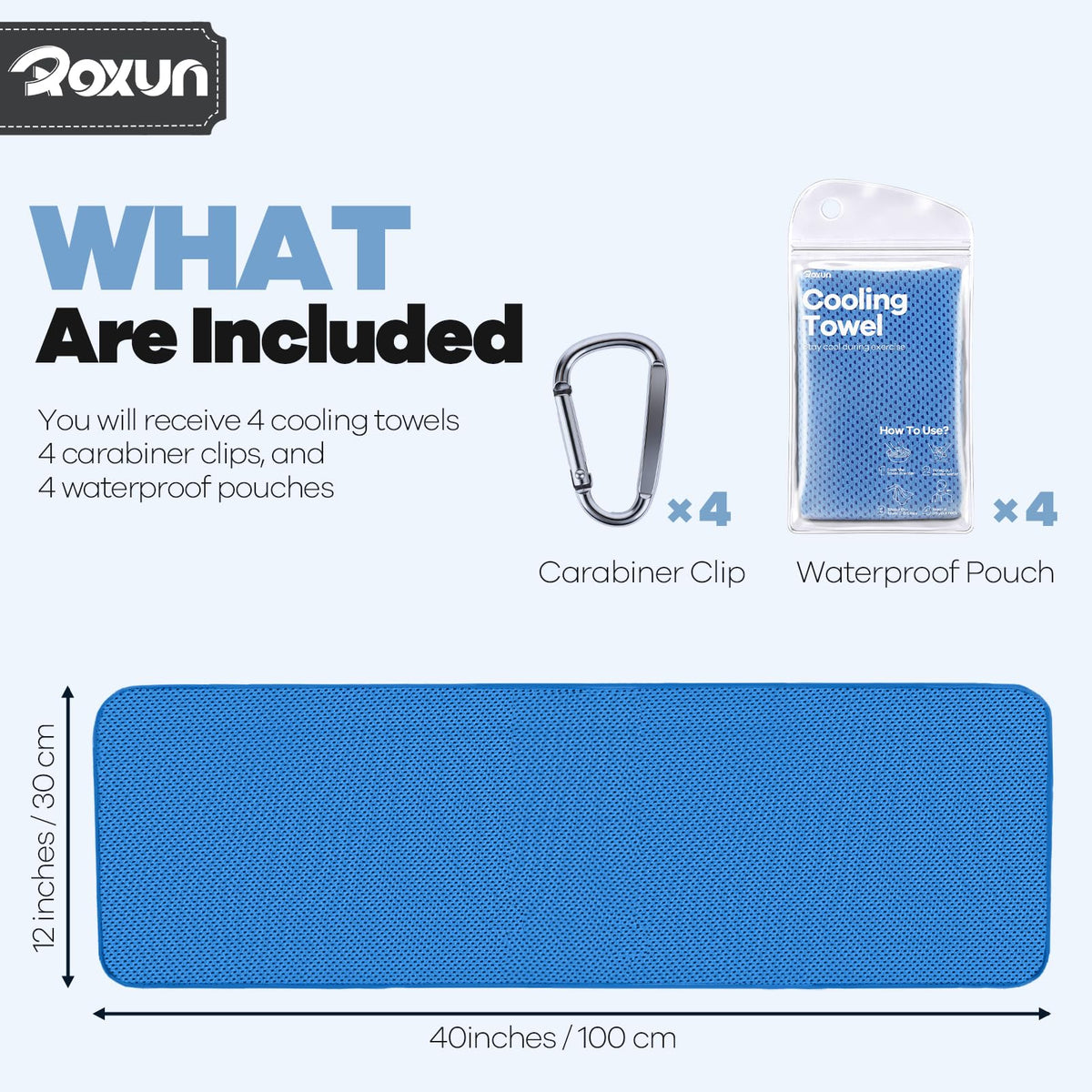 ROXUN 4 Pack Cooling Towels, 40''x12'' Soft Breathable Chilly Neck Ice Towel for Workout Running Golf 2 Gray+2 Dark Gray