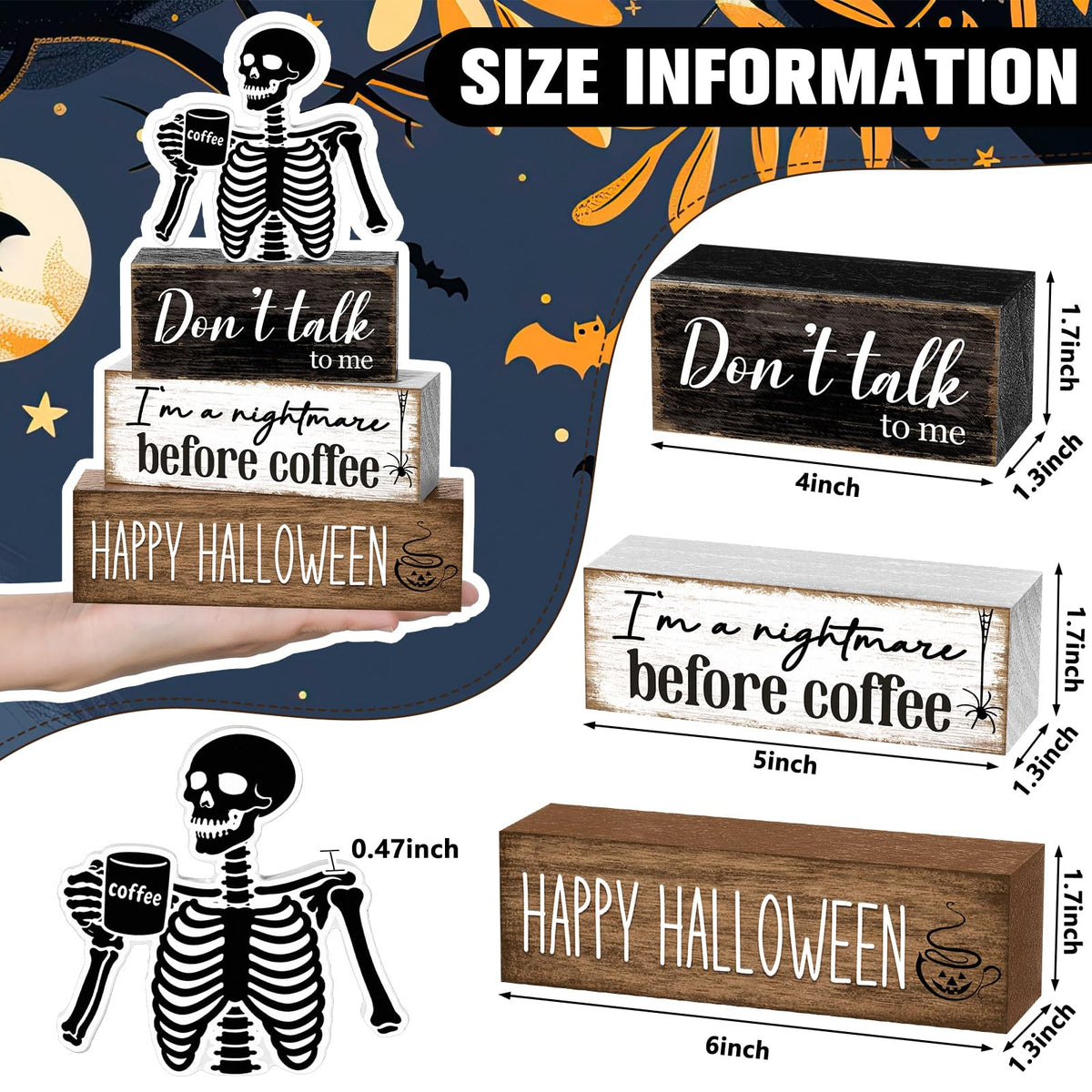 Marsui 4 Pcs Halloween Coffee Bar Decorations Skeleton Nightmare Before Coffee Tabletop Decor Funny Gothic Wooden Sign Block Halloween Table Centerpiece for Home Indoor Office Shelf Tiered Tray Decor