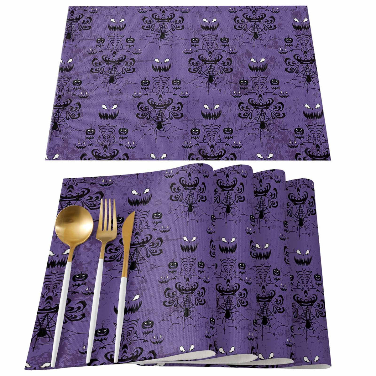 Placemats for Dining Table Set of 6, Halloween Haunted Mansion Design Table Mats Stain Resistant Heat Insulation Non-Slip Washable Table Decoration for Kitchen, Purple Black