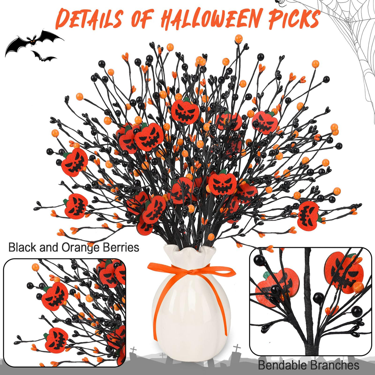 JUNEBRUSHS 6 Pcs Artificial Pumpkin Stems with Black Branches and 2 Roll Ribbons for Halloween Vase Bouquet Arrangement Wreath Table Centerpiece Home Party Decor