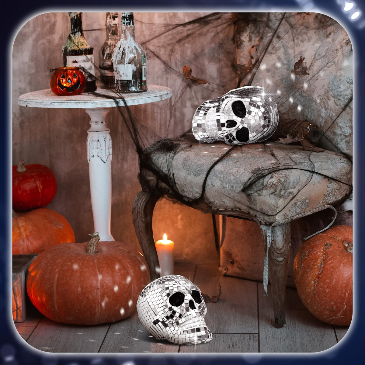 WinnerWhy 2 Pcs 3D Disco Halloween Decor Disco Halloween Skull Skeleton Head Status Mirror Ball Skull Tiered Tray Decor Home Table Centerpiece for Graveyard Indoor Outdoor Holiday