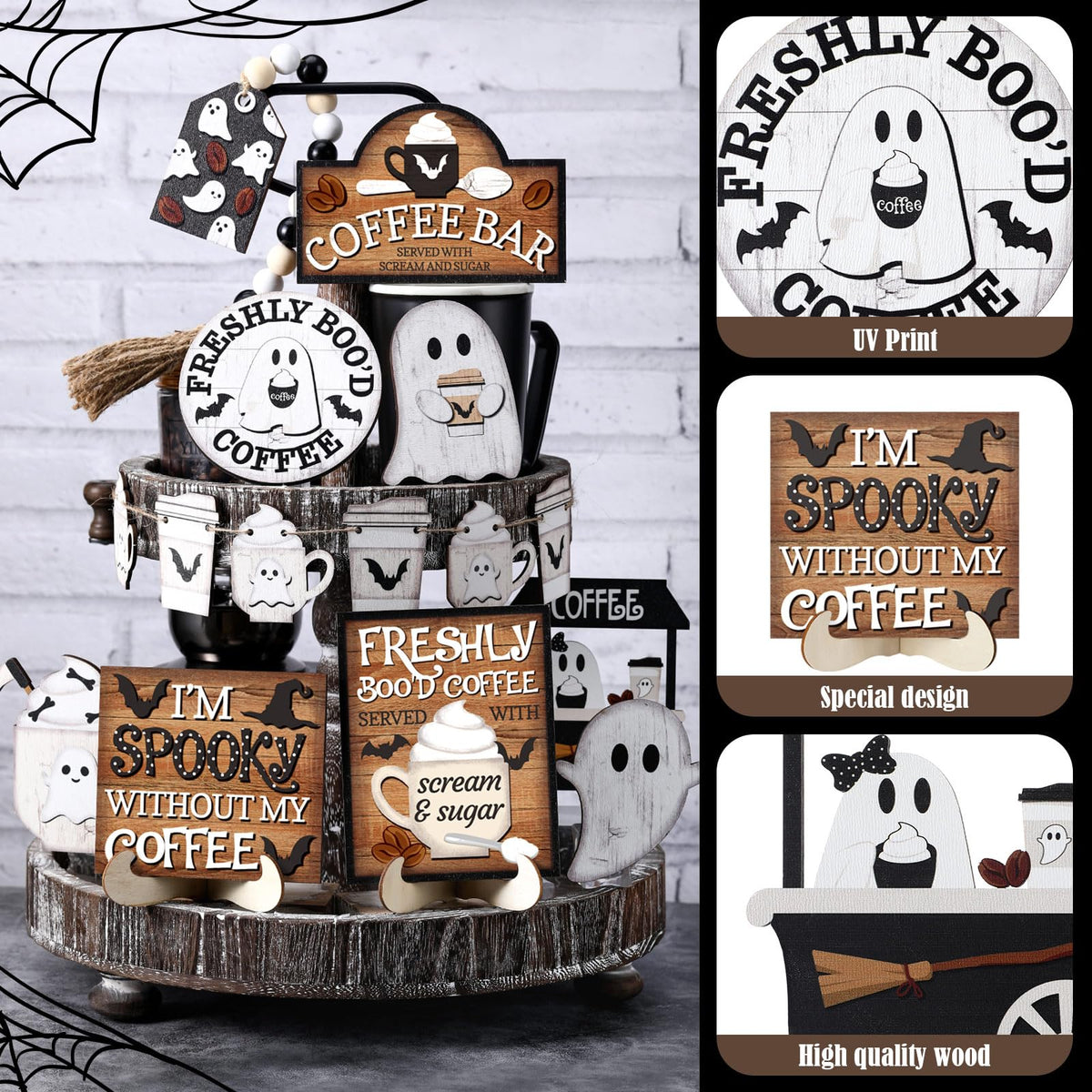 Wonderjune 19 Pcs Halloween Coffee Tiered Tray Decor Rustic Ghost Coffee Bar Table Decor Black and White Spooky Mini Wooden Signs Farmhouse Halloween Decorations for Home Table Office Party Supplies