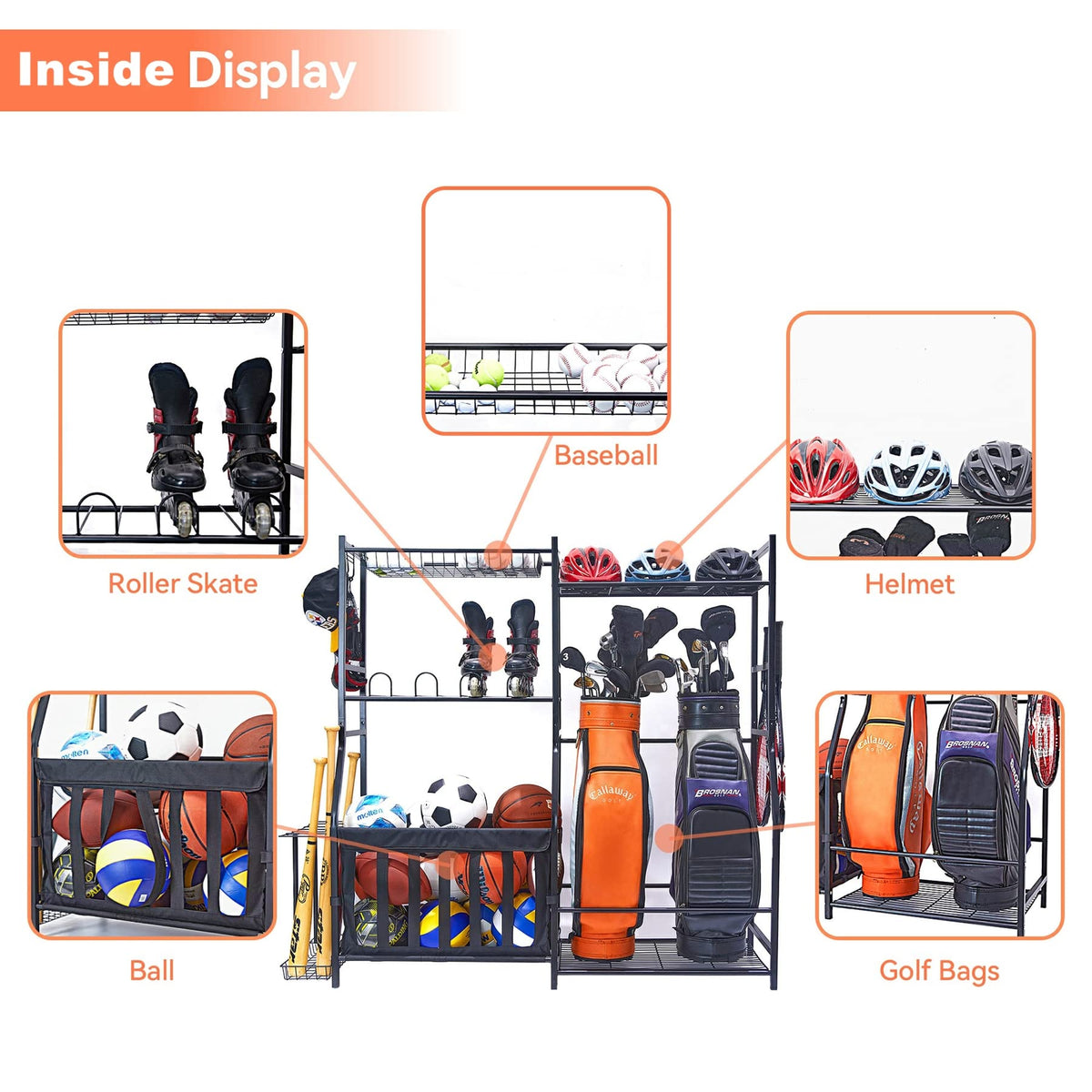 WALMANN Garage Sports Equipment Organizer, Golf Bag Stand for Garage Ball Storage Rack Indoor/Outdoor Kids Toys Storage Organizer Bins, Ball Holder with Baskets