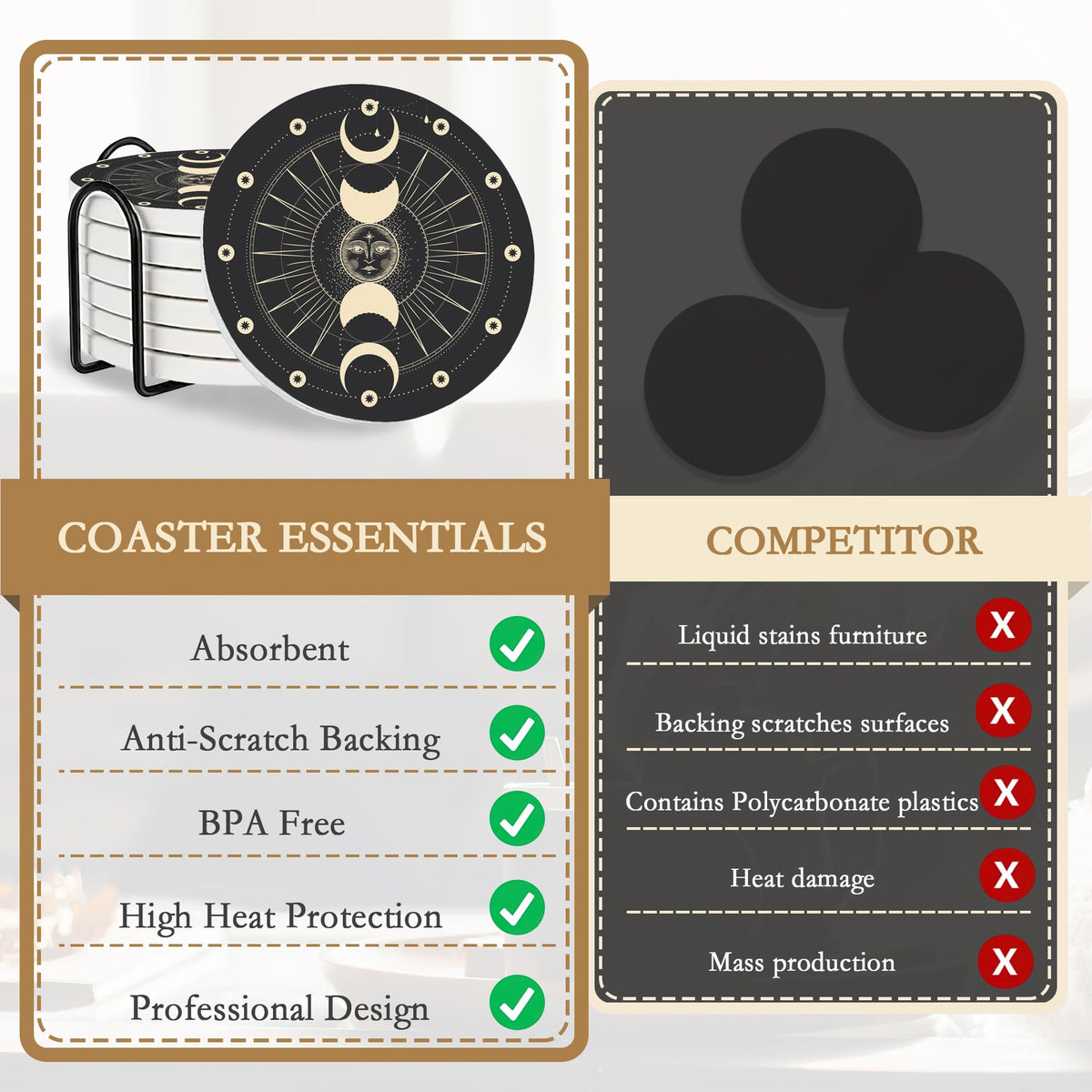 6-Pack Moon Phase Coasters Set with Holder - Absorbent Ceramic Drink Pads, Non-Slip Table Protectors for Coffee & Glasses