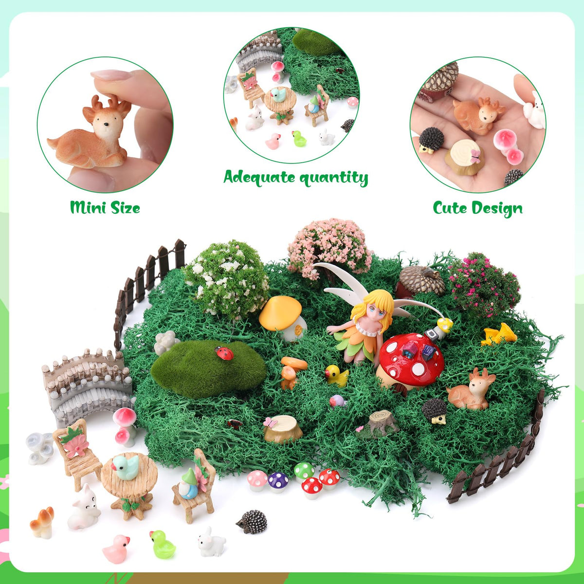 GGSTDDUP 54 Pcs Fairy Garden Accessories, Mini Resin Animals Figures, Miniature Table and Chairs, Bridge, Fence, Fairy House Kit with 50g Artificial Moss for DIY Craft Landscape Bonsai Glass Container
