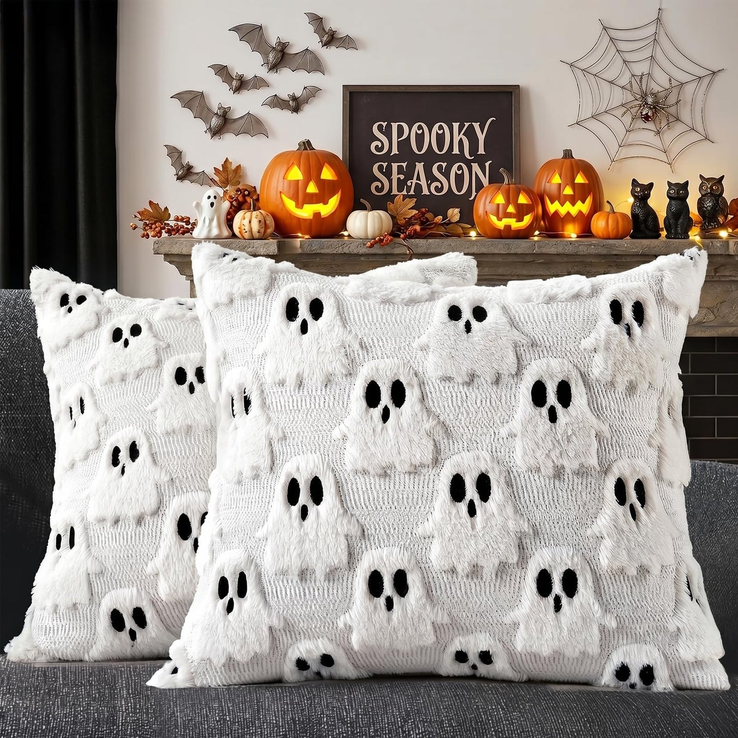 zmzdp 2PCS Halloween Pillow Covers, 18x18 inch White Ghost Throw Pillow Covers, Faux Fur Soft Couch Cushion Case, Fluffy Plush Accent Throw Pillow Case for Halloween Home Decor Indoor