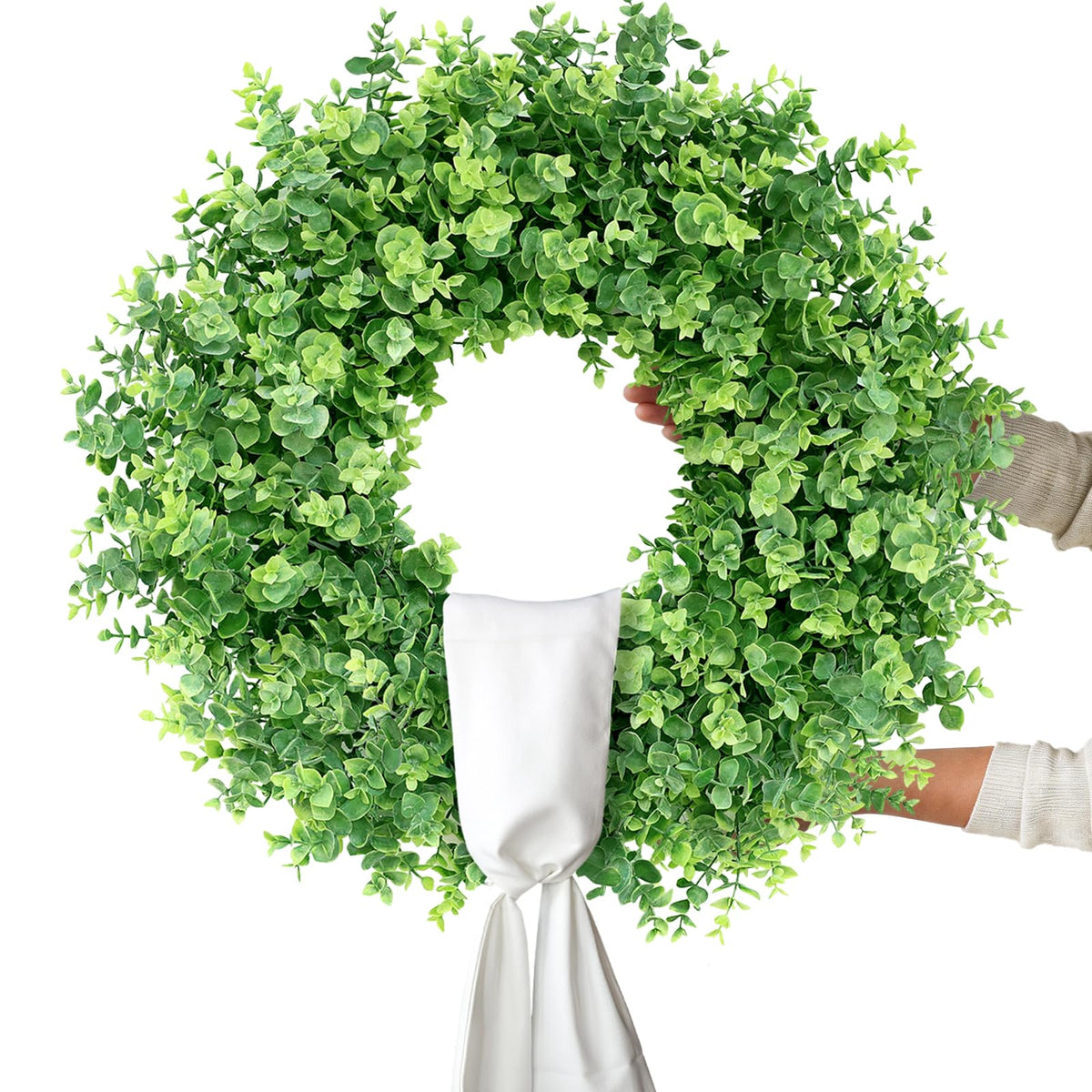 26" Artificial Eucalyptus Wreath with Sash for Front Door, Porch, Window - Large Faux Eucalyptus Leaves Greenery Outdoor Wreath for Home, Farmhouse Decor - Spring, Summer, All Seasons (Green)