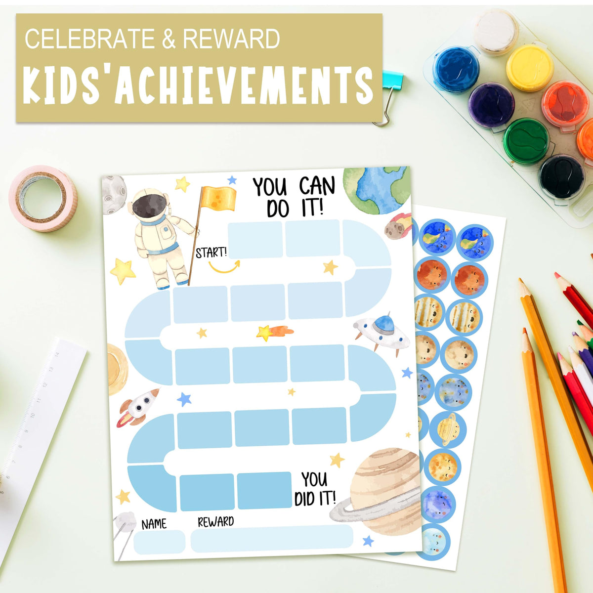 10 Outer Space Astronaut Reward Chart with 216 Round Stickers, Incentive Behavior Chart for Kids at Home Classroom, Kids Routine Daily Chore Sticker Chart-A17