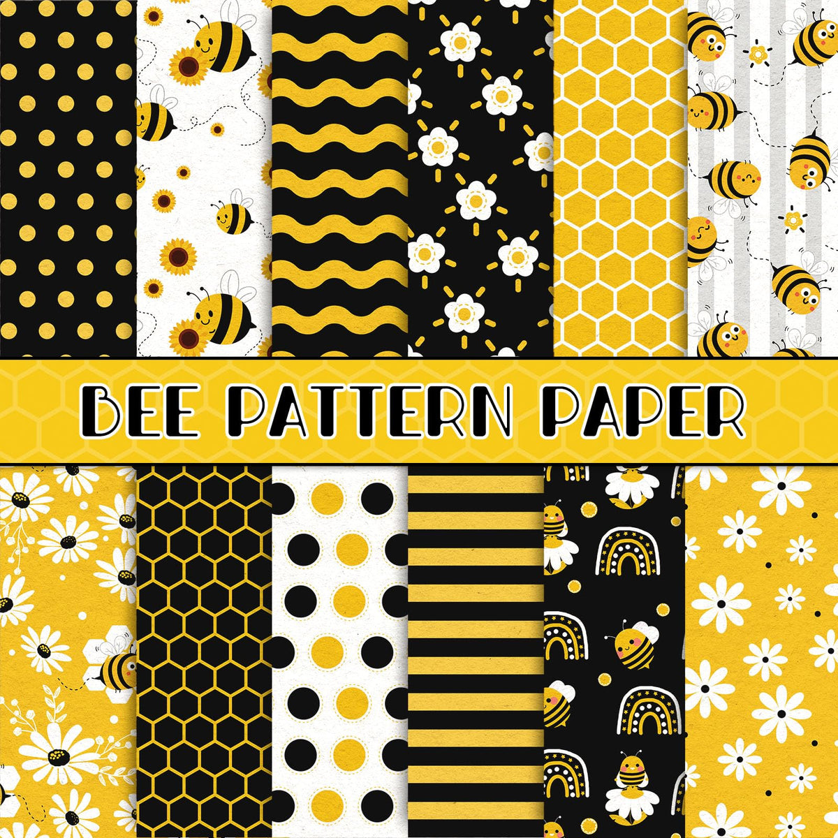Whaline 24Pcs Bee Pattern Paper Pack 12 Designs Yellow Black Honeycomb Scrapbook Specialty Paper Double-Sided Collection Decorative Craft Papers for DIY Card Making Scrapbook Photo Album Decor
